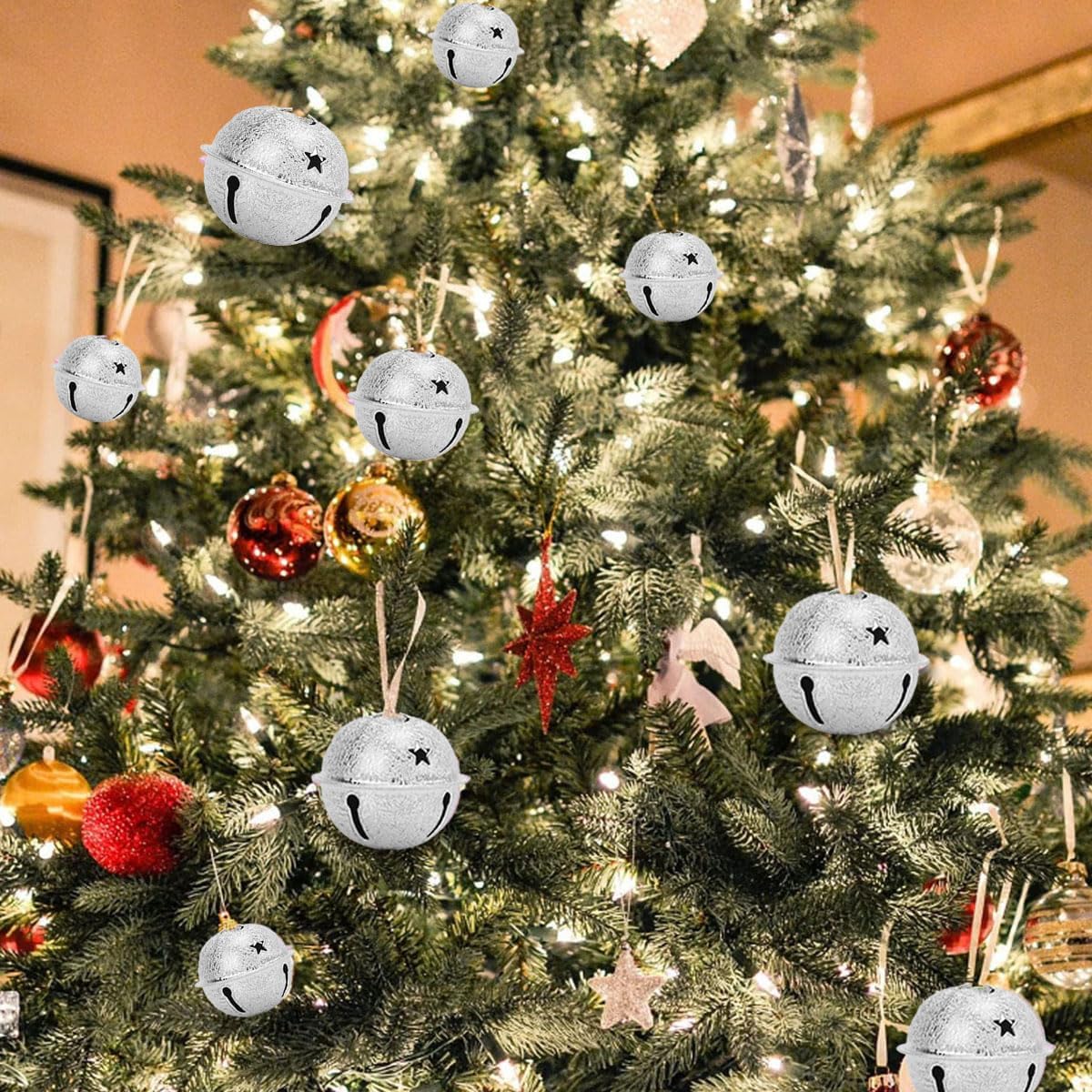 24Pcs Christmas Bells, Frosted Bells Ornament, with Star Cutouts, Lightweight and Portable, DIY Christmas Tree Decoration for Christmas, Weddings, Engagements, Parties(Silver)
