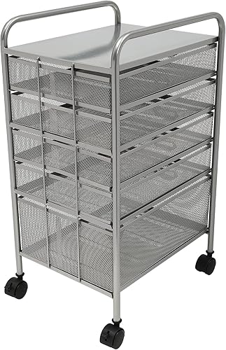 Miniatura 9 de TrueyEssence Archivador rodante con 5 cajones, organizador de almacenamiento de archivos, organizador de carrito de malla plateada con ruedas,