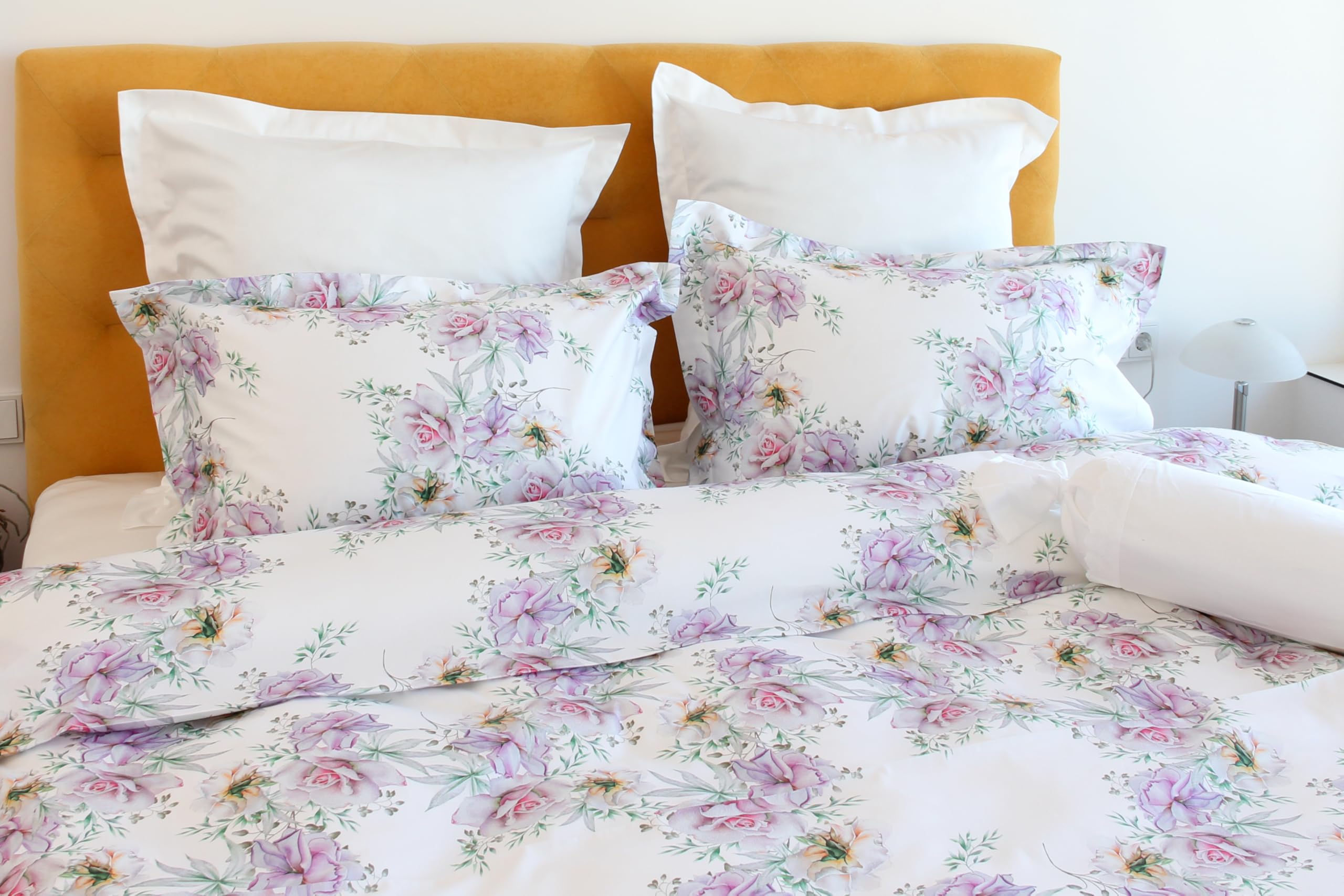 Bettwäsche Set White Rose 100% mercerisierte Baumwolle Satin 300 TC bügelleicht (135x200+80x80)