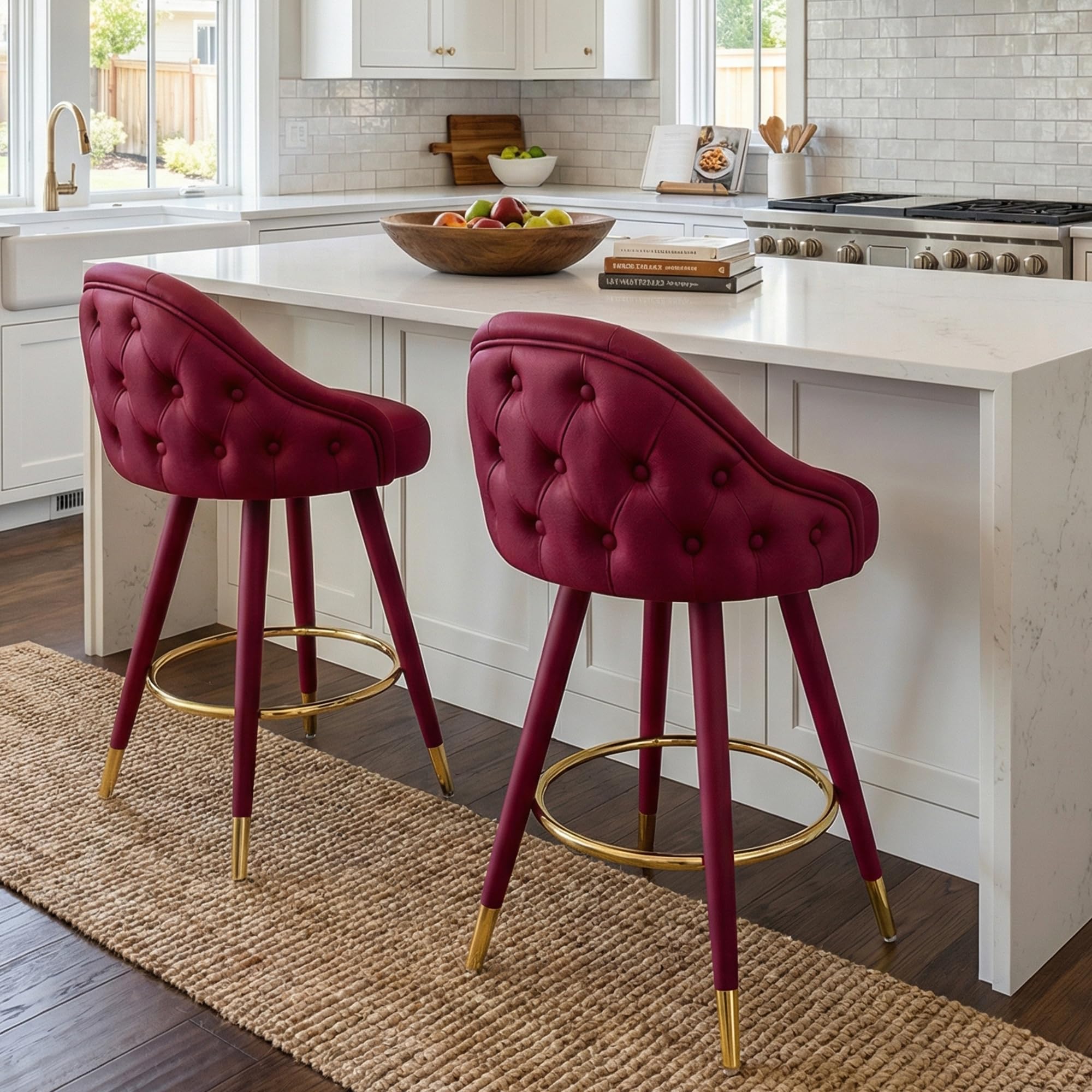 Sucrever Counter Height Bar Stools Set of 2, Velvet Tufted 26 inch Bar Stools with Back, Upholstered Swivel Barstools for Kitchen Island with Wood