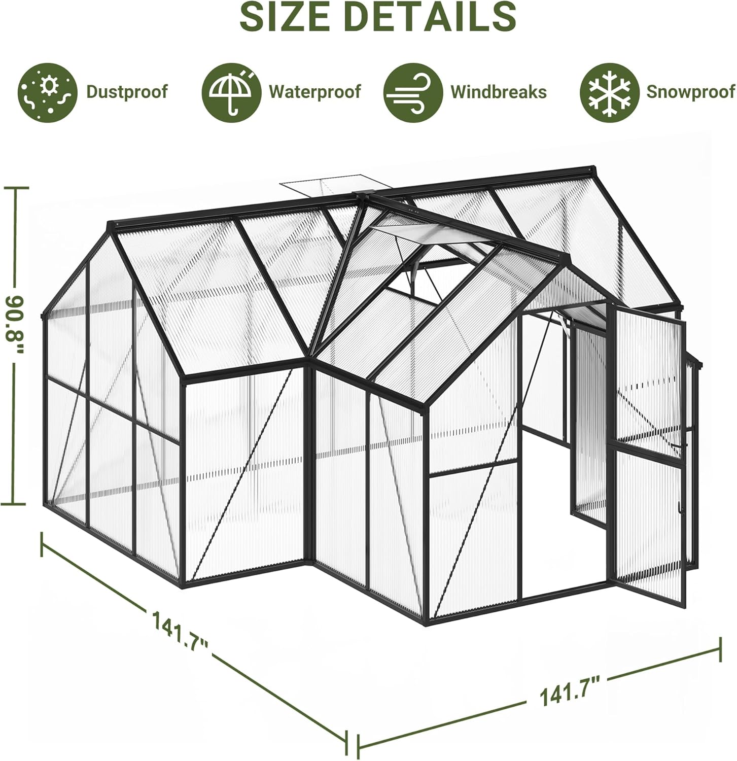 Diagram showing the dimensions of the T-Shape greenhouse, including height (90.8 inches) and width/length (141.7 inches).
