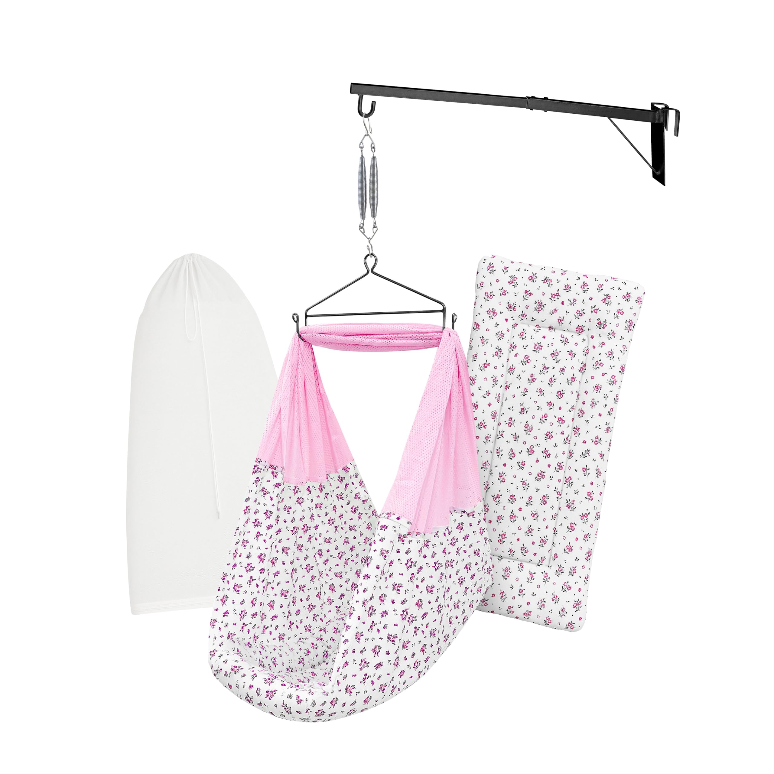 Baby Cradle Swing/Jhula (Thottil Cloth, Palna, Dolna) Set | Cradle Cloth with Padded Bed, Mosquito Net, Spring, Triangle & Window Hanger | Up to 15 kg | (Emily Pink)