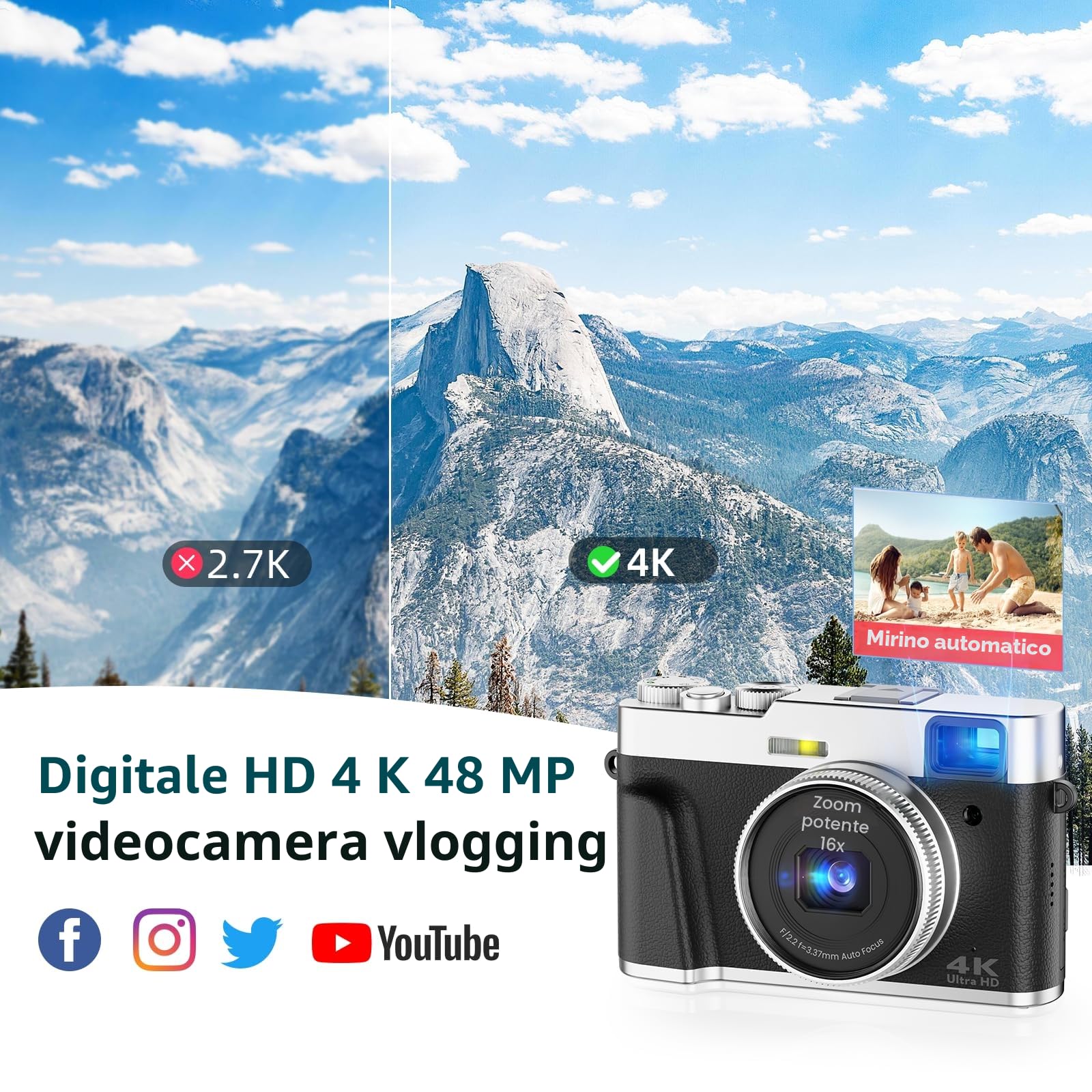 Fotocamera Digitale 4K 48MP Autofocus con Mirino, Macchina Fotografica con Scheda da 32GB e 2 Batterie, Fotocamera Compatta con 16X Zoom per Fotografi Principianti/Viaggiatori/Adolescenti-Nero