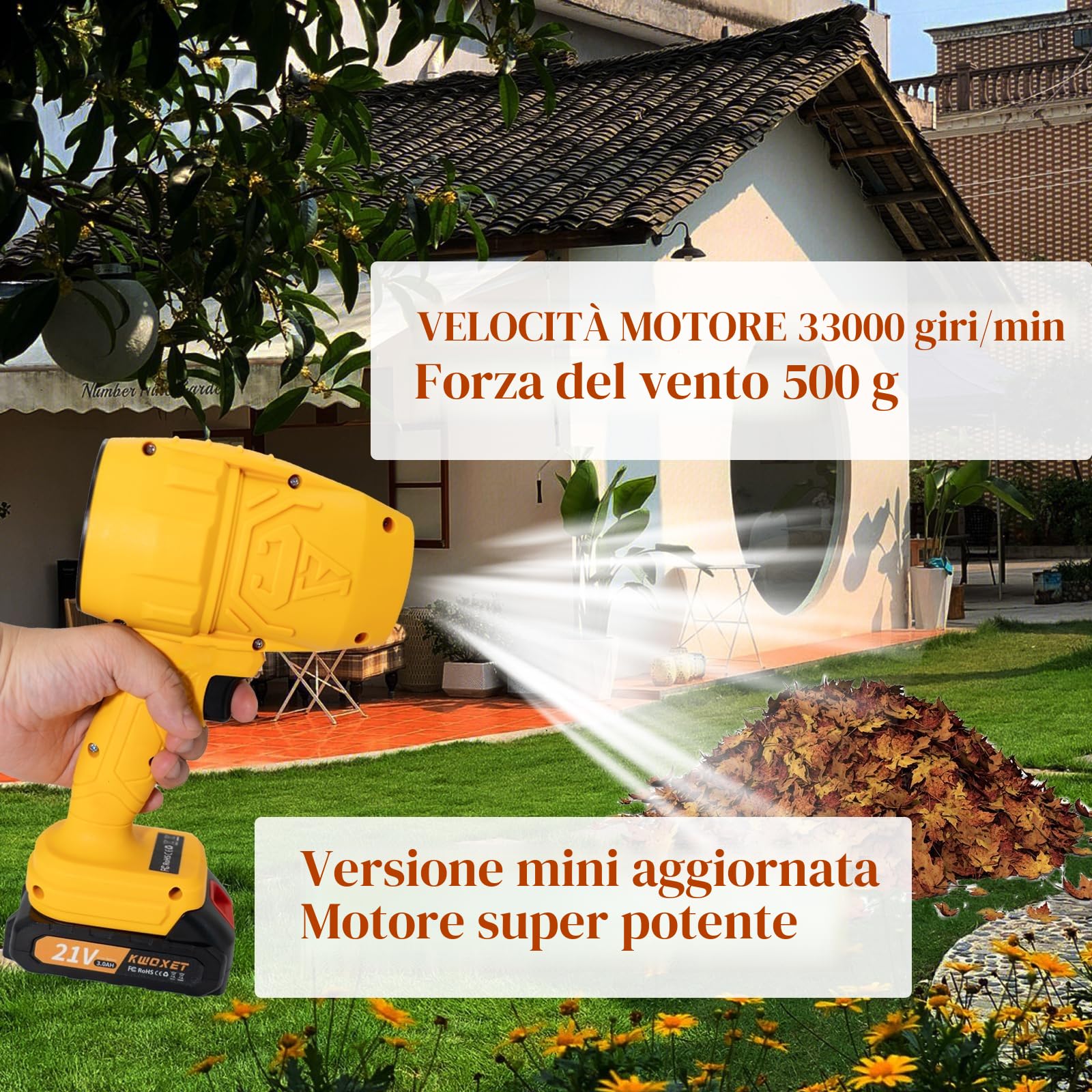 Mini Soffiatore a Batteria con Turbo, 576km/h, 2x21V 3000mAh | Soffiatore leggero in plastica. erba, neve, polvere, trucioli. Adatto per giardino, terrazza, vialetti, garage, auto.