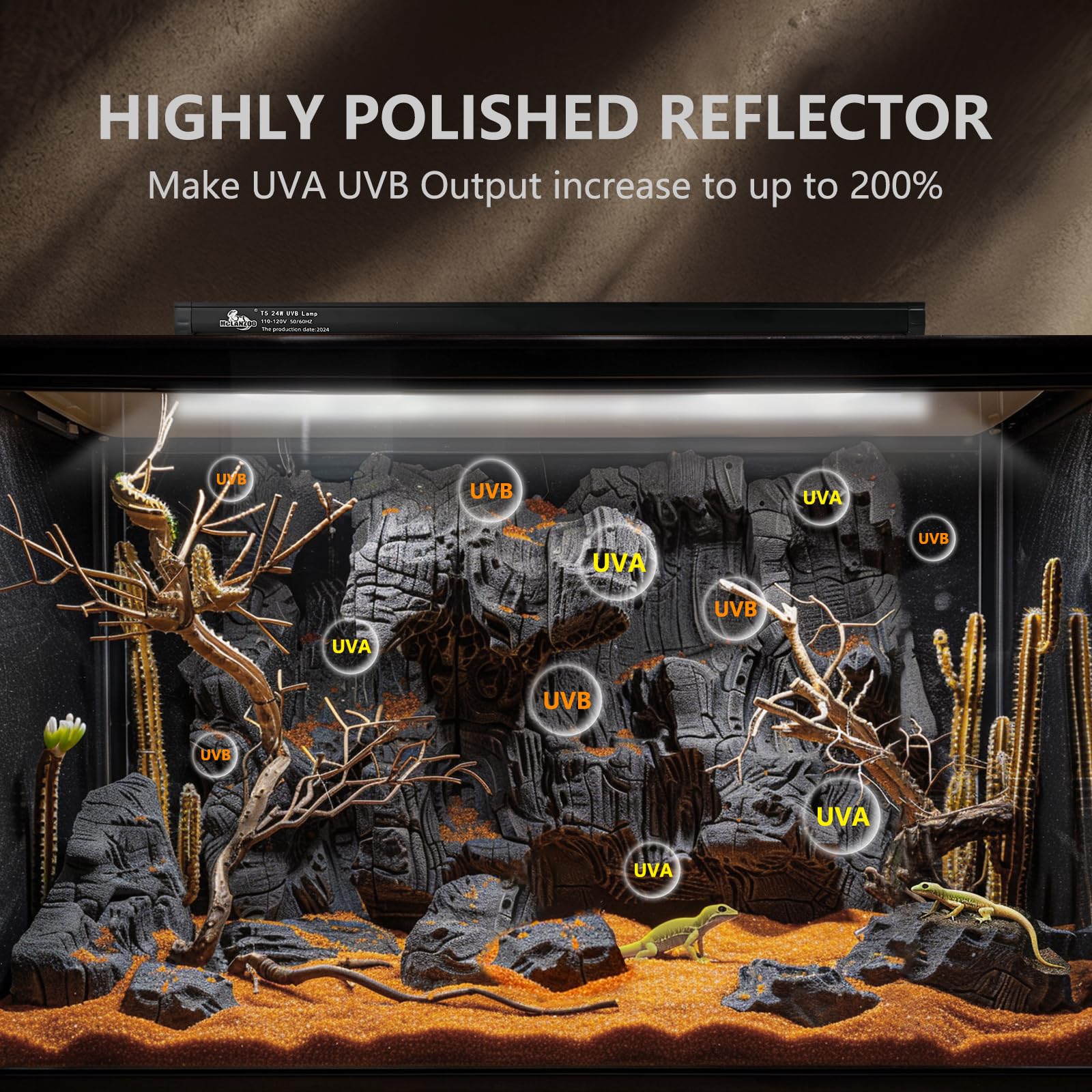 T5 UVB Lighting Combo Kit for Reptiles,8W Light Fixture with Desert 10.0 T5 UVB Light Bulbs Terrarium Hood Heat Lamp for Breaded Dragon,Turtle,Frog,Lizard,Tortoise,Gecko,Snake - image 6