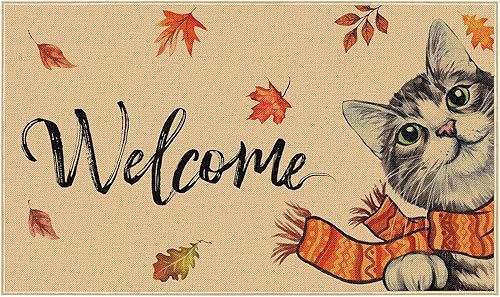 Felpudo de bienvenida de otoño con diseño de gato, parte trasera de goma antideslizante, tapete para puerta de otoño, Acción de Gracias, decoración