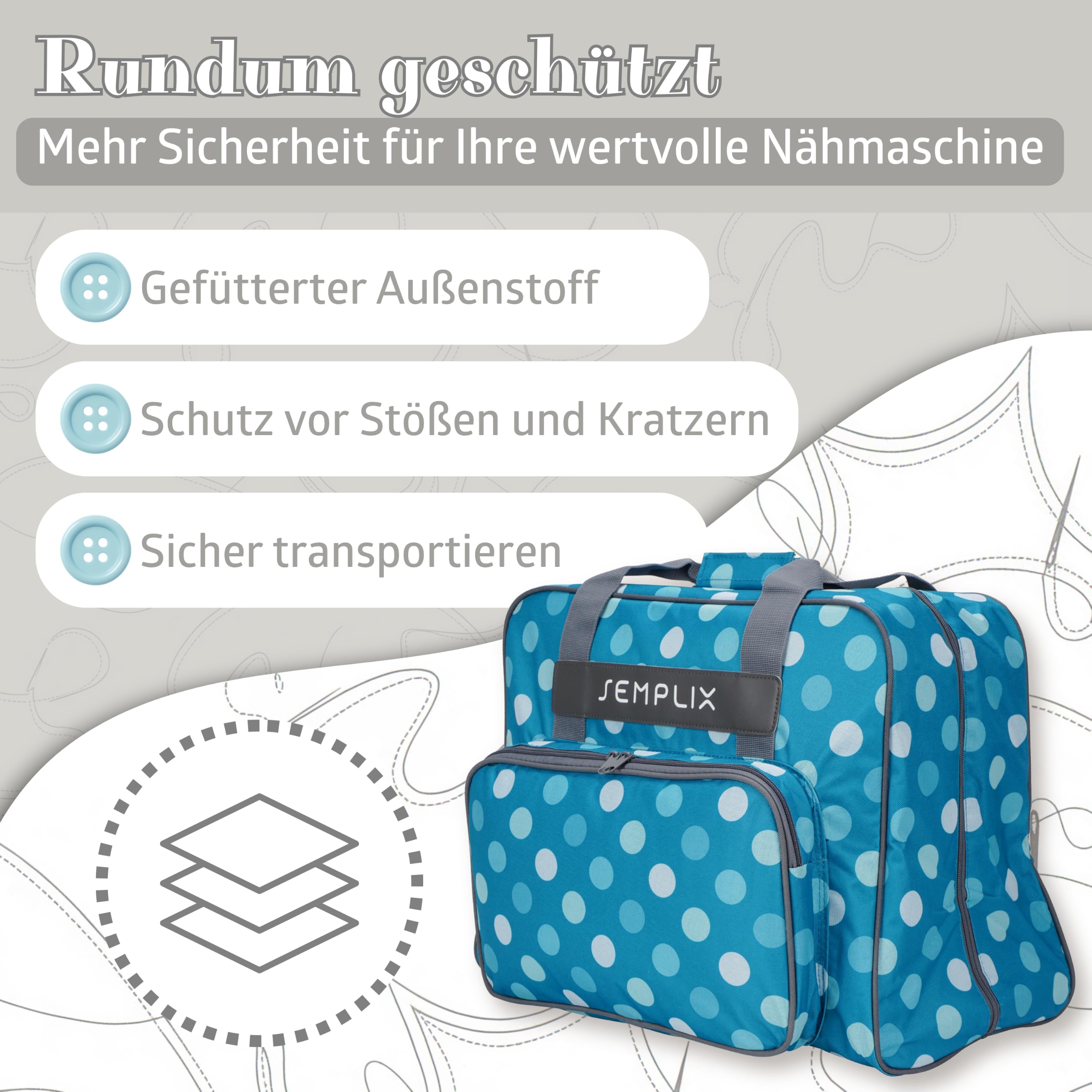 SEMPLIX XL-Nähmaschinentasche, Polka Dots Petrol/Türkis, 52x42x27 cm, Große stabile Transport und Aufbewahrungs Tasche für große Nähmaschinenmodelle