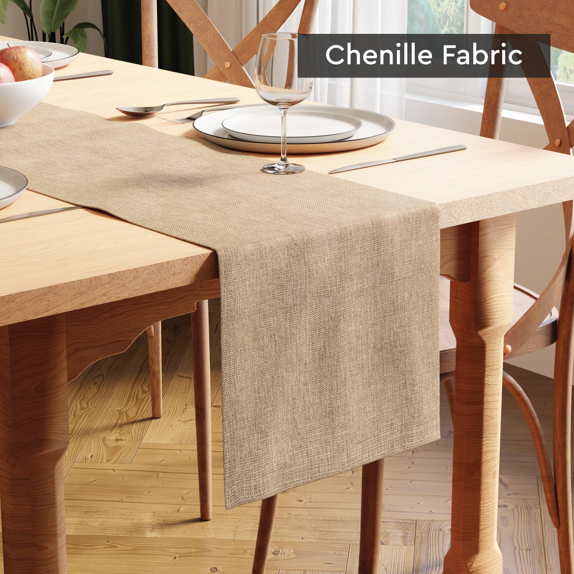 Encasa XO Runner da Tavola Moderno in Chenille 13"x72" Sabbia | Tessuto in Chenille Fine | Lavabile in Lavatrice | Morbido & Durevole | Decorazione Tavolo
