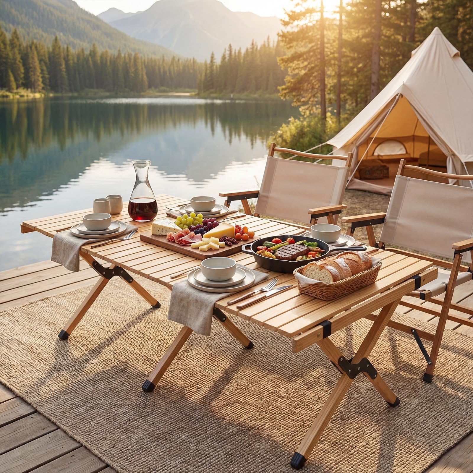 HOMASIS Campingtisch klappbar, tragbarer Klapptisch für 4-6 Personen, rollbarer Picknicktisch aus Kiefernholz mit Tragetasche, Outdoor Falttisch für Reisen, Grillparty, Picknick, Garten, Strand
