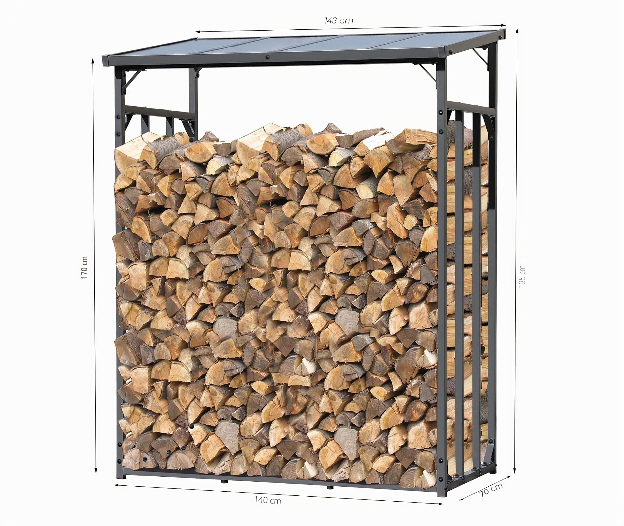 QUICK STAR Scaffale in metallo per legna da ardere, 143 x 70 x 185 cm, con protezione dalle intemperie, 1,8 m³/2,5SRM, supporto impilabile per esterni