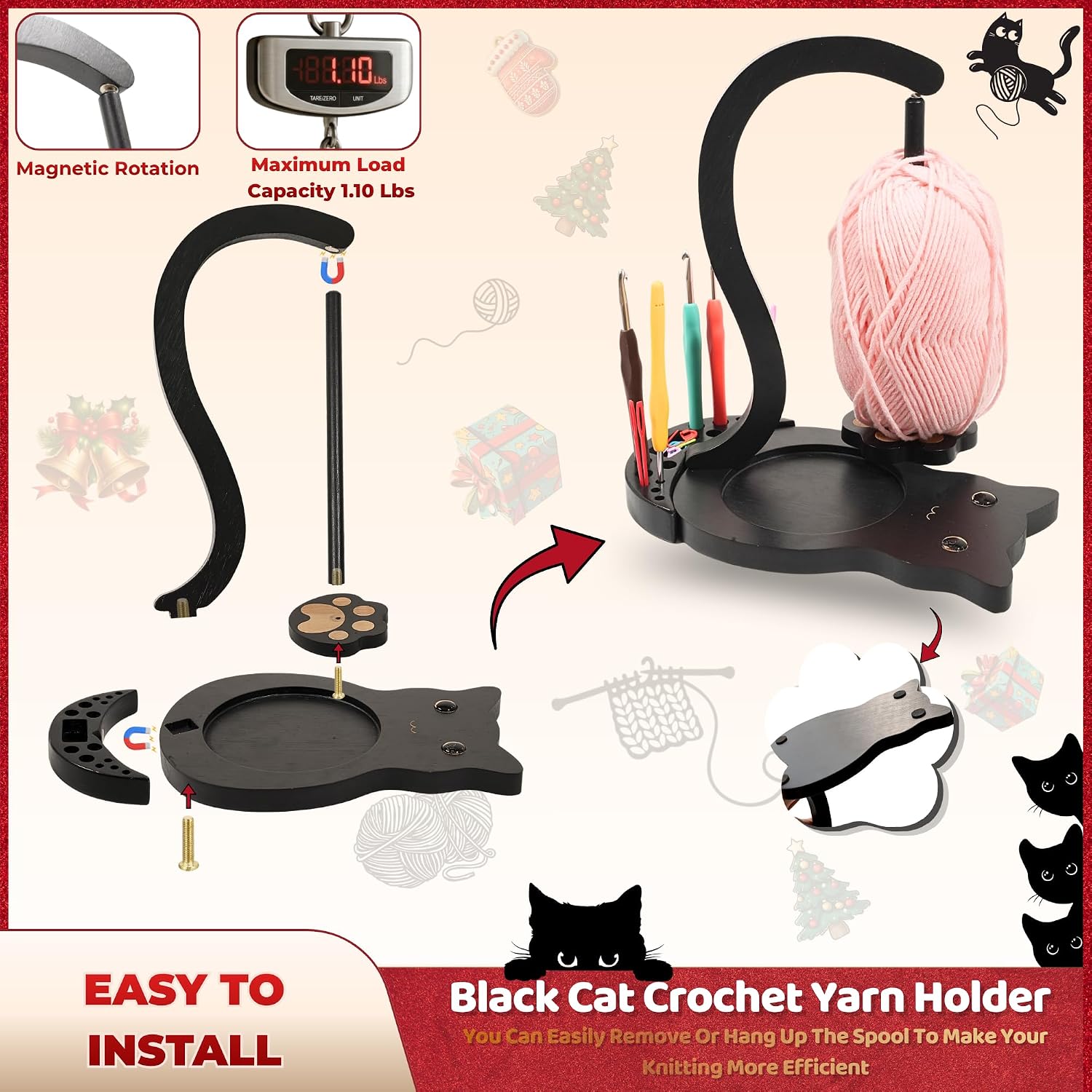 Black Cat Wooden Yarn Holder for Crocheting and Knitting Magnetic Rotating