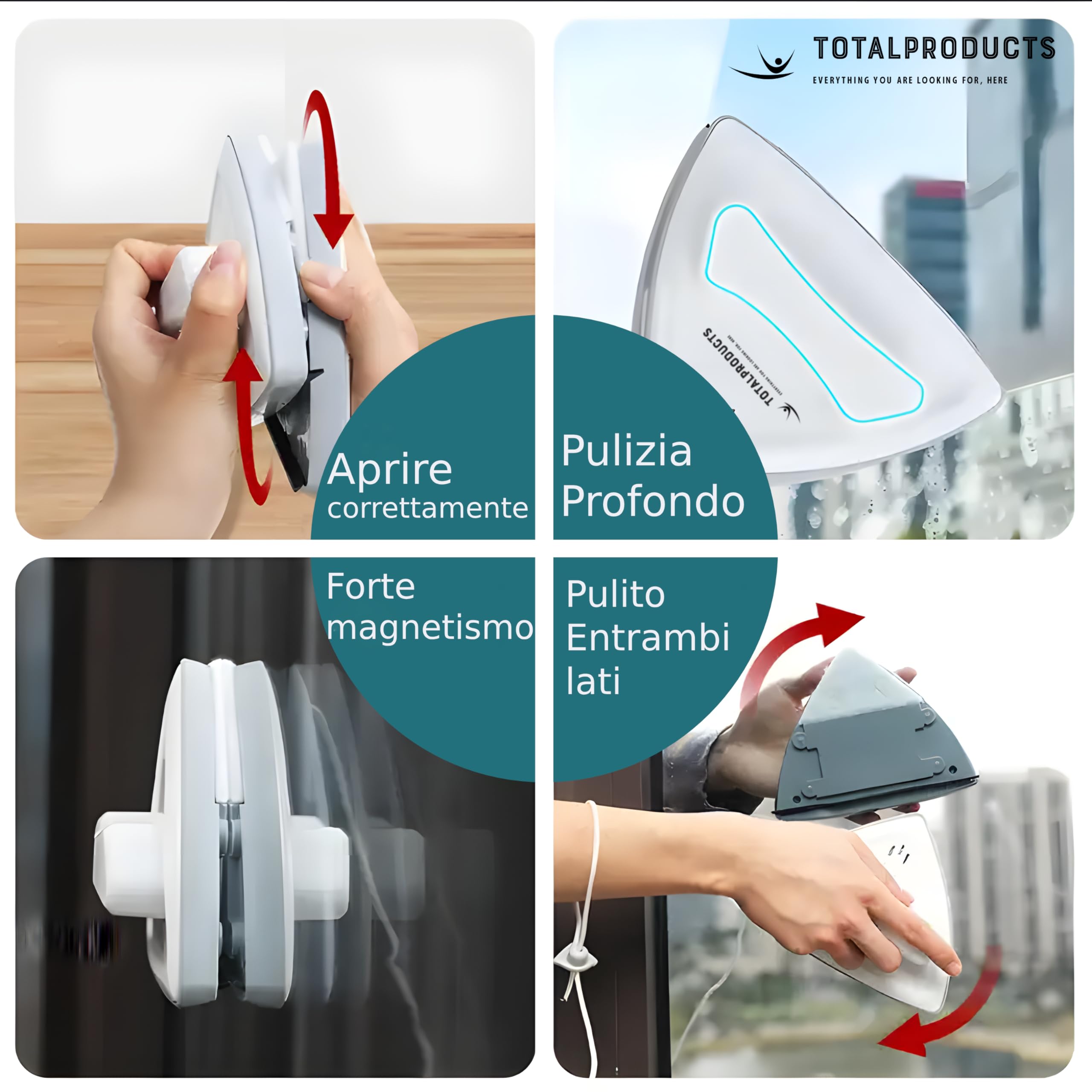 Pulitore Magnetico per Vetri Doppia Faccia 2-10mm – Lavavetri Magnetico per Finestre e Vetrate, Pulizia Vetri Esterni Senza Uscire, Spugna Assorbente, Raschietto in Gomma, Corda di Sicurezza.
