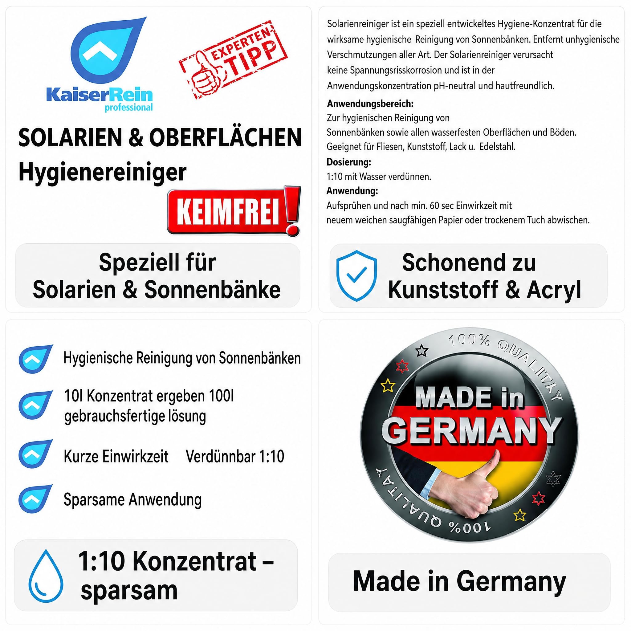 KaiserRein Oberflächenreiniger für Solarium & Sonnenbank, Hygienereiniger Konzentrat 10 L Kanister, pH-neutral & hautfreundlich, schonend zu Kunststoff, für Fliesen, Lack & Edelstahl, frischer Duft