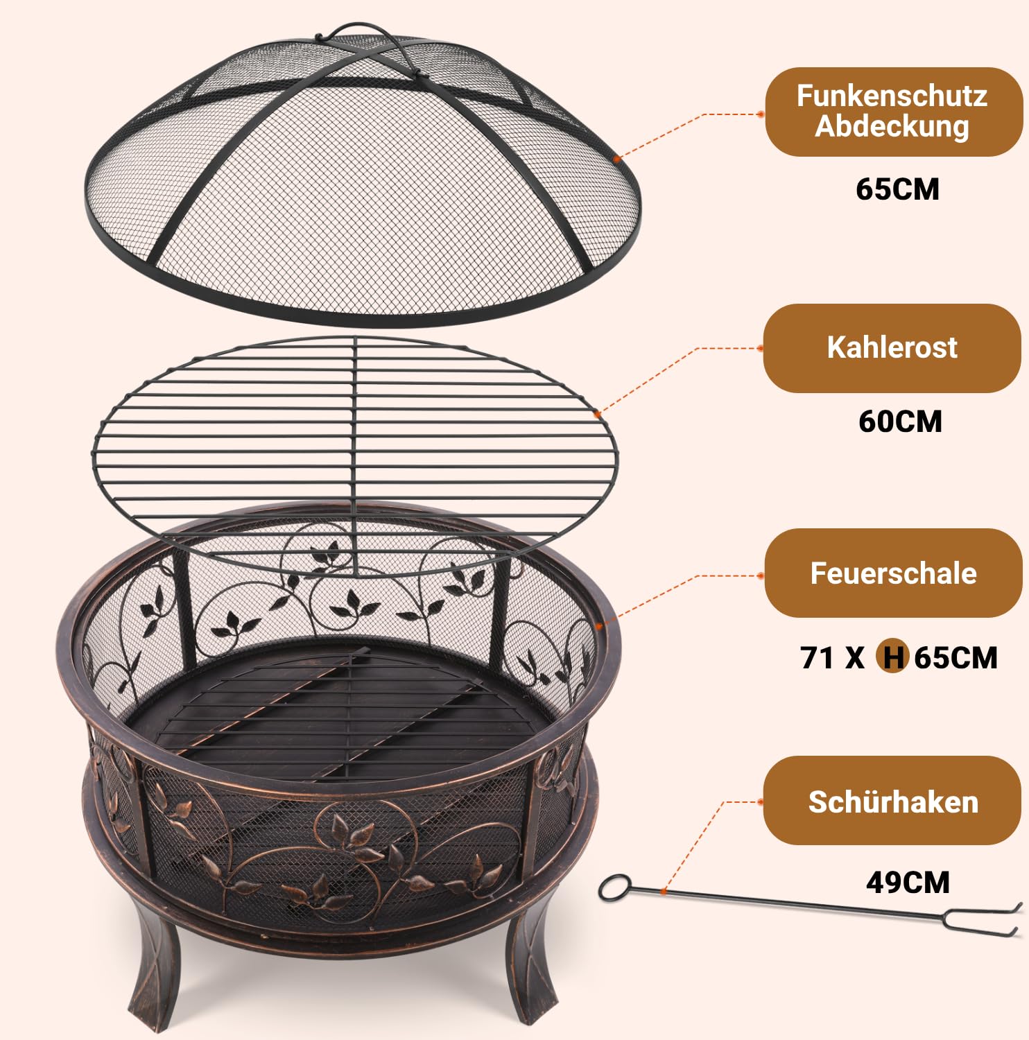 Braciere da giardino, braciere con parascintille, effetto retrò, con griglia per poker e carbone, riscaldamento in inverno, 4 PCS piede, motivo erba, Ø 71 x 65 cm, per giardino, campeggio, spiaggia