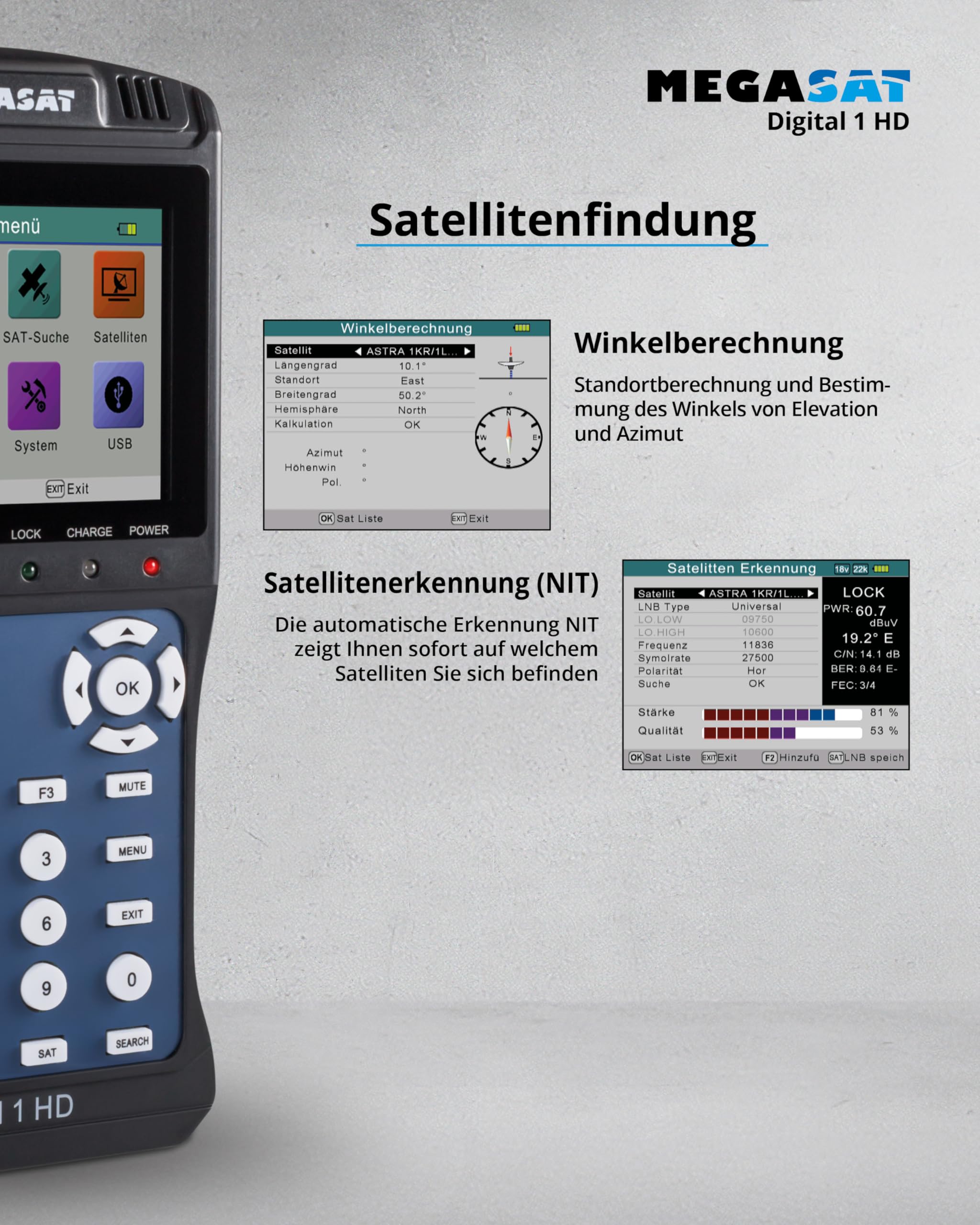 Megasat Digital 1 HD – Sat-Messgerät, Live-TV Bild, 3,5″ Farbdisplay | Für DVB-S & DVB-S2, Unicable, Akku