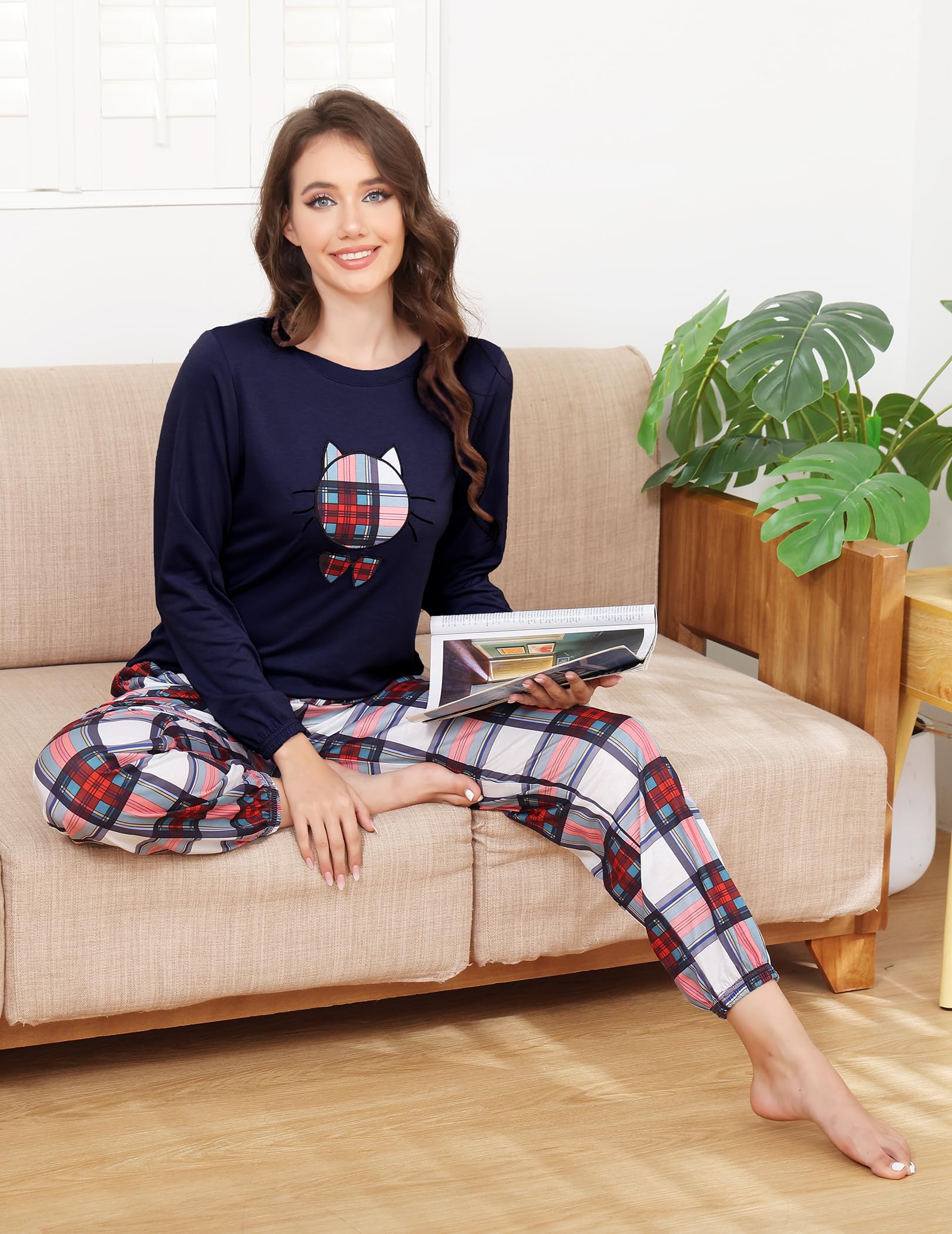 Les-Theresa Pigiama da Donna, Pigiama Lungo, da Donna, Comodo e alla Moda, con Motivo a Gatto, con Stampa a Maniche Lunghe, Pigiameria e Pantaloni Lunghi Femminili