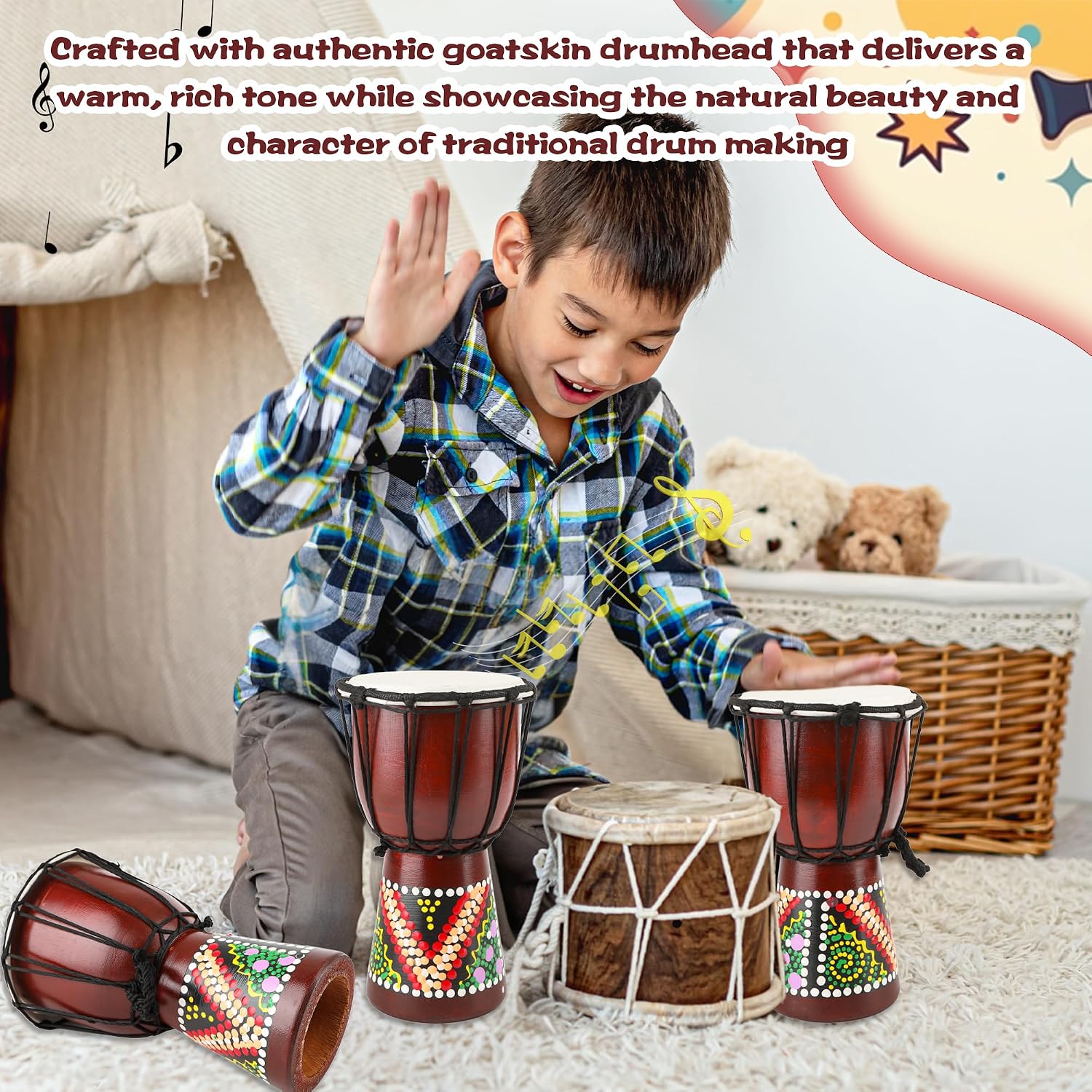 2 Pcs Djembe Drum Mini African Hand Drum Abstract Painted Carved Mahogany Bongo with Leather Drumhead Gift Idea Musical Instruments for Beginners, 4 Inch
