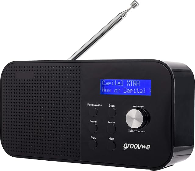 Groov-e GVDR04BK Venice Compact DAB/FB Digital Radio with 20 Preset Stations, Bluetooth Speaker, LCD Display, Dual Alarm Clock, Telescopic Antenna - Black, 8.0 cm*5.0 cm*22.0 cm