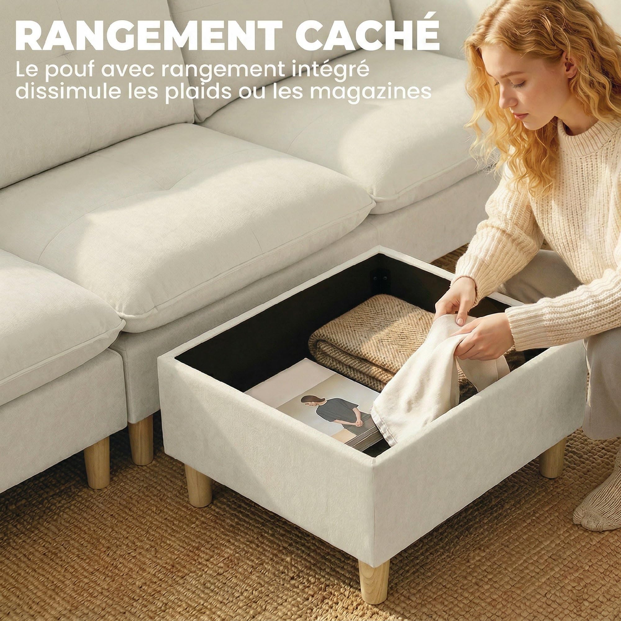 HOMCOM Divano a 3 posti con pouf portaoggetti divano angolare modulabile 210 cm moderno seduta ampia imbottita cuscini a molla, tessuto effetto lino, gambe in legno di albero della gomma, per | Ottomano di stoccaggio