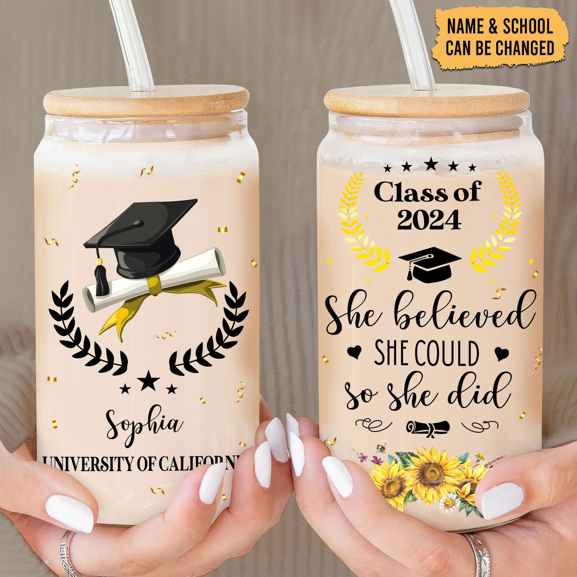 Hyturtle Personalized Graduation 2024 Glass Cup - She Believed She Could So She Did - Glass Cup 16 Oz With Lids And Straws, Gift For Her, Graduated Student, Senior, Back To School, Gift For Friend