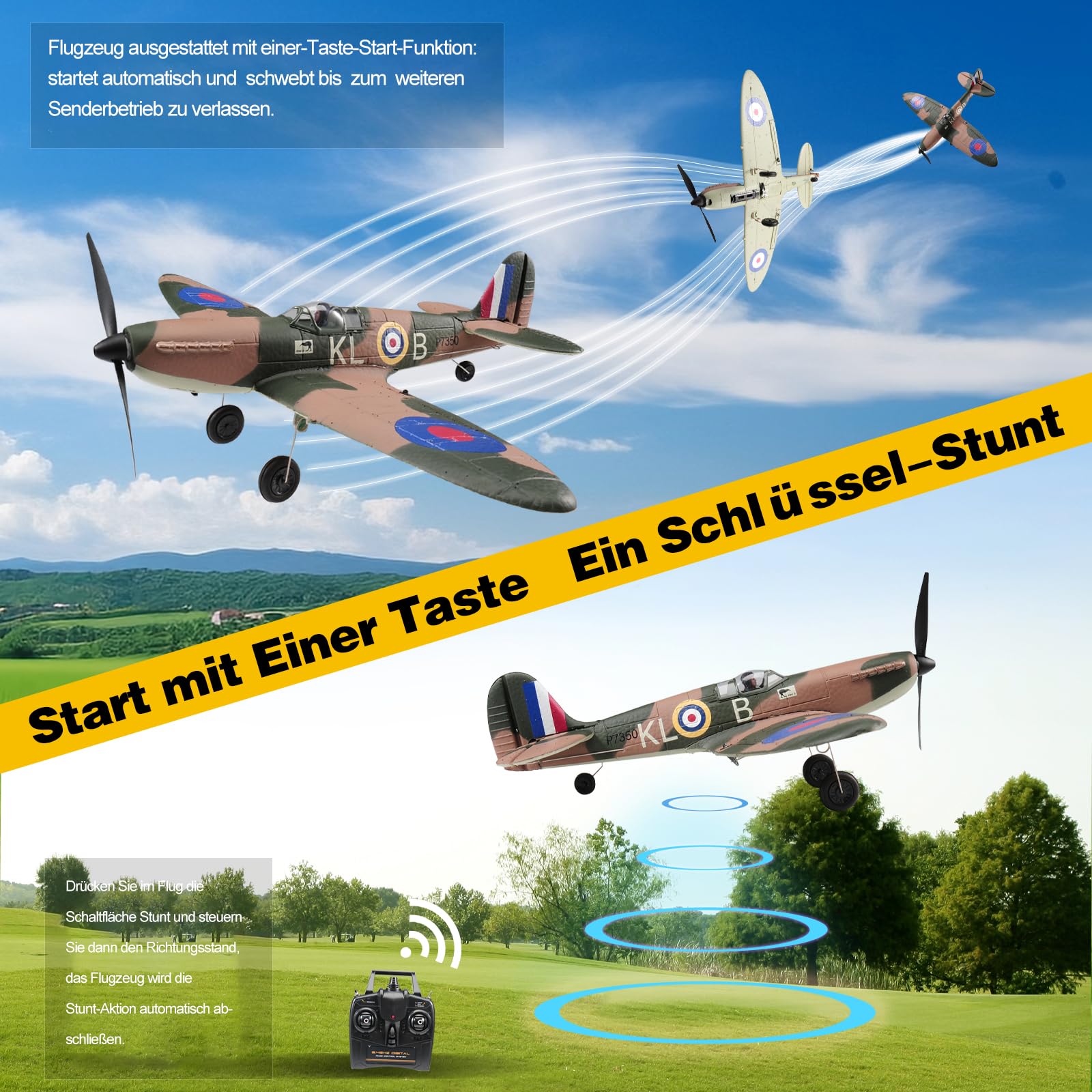 Fremego RC Flugzeug,Spitfire 2.4G 4 CH Ferngesteuertes Flugzeug RTF Kunstflug Warbird Flugzeuge Spielzeug für Kinder Anfänger Erwachsene mit 6-Achsen Gyro Stabilisierungs System 761-12