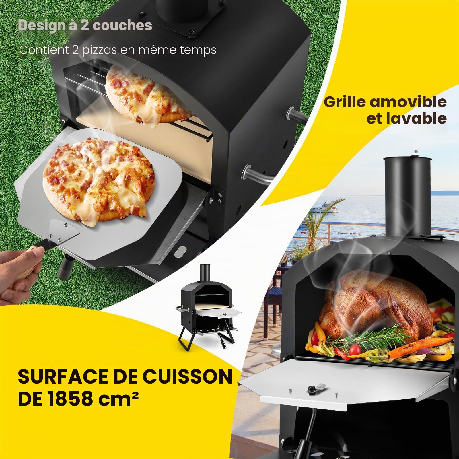 FANTASK Four à pizza 2 couches avec pierre à pizza, grille de cuisson, pieds pliables, pelle à pizza et couvercle étanche
