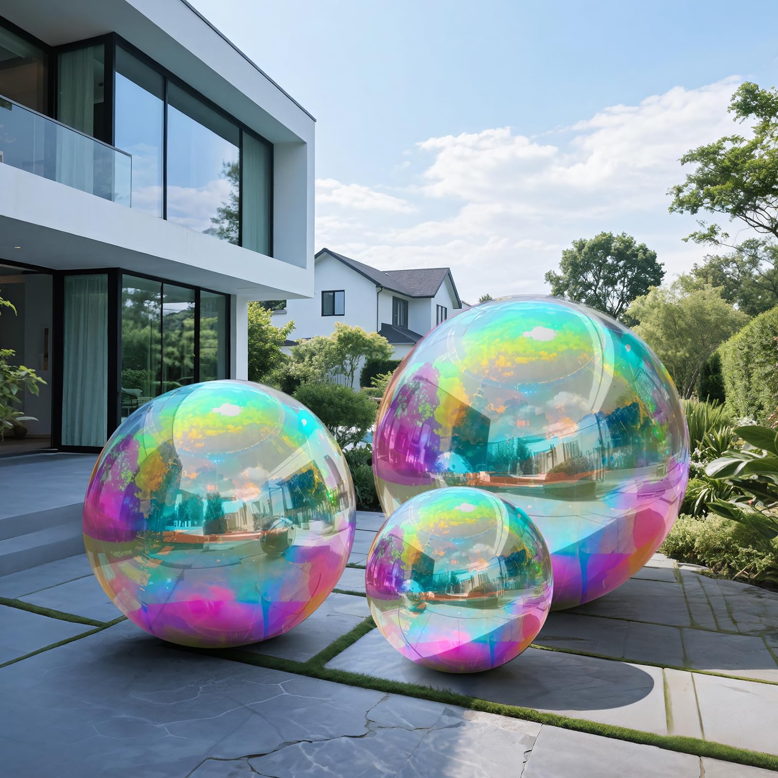Photo 1 of 3PCS Inflatable Mirror Ball Set,Reusable Mirror Ball Large Event Decoration PVC Ball with Electric Pump for Party,Concerts,Stage,Wedding Decorations(Iridescent, 3pcs:19.7In+31.5In+47.2In+Pump)