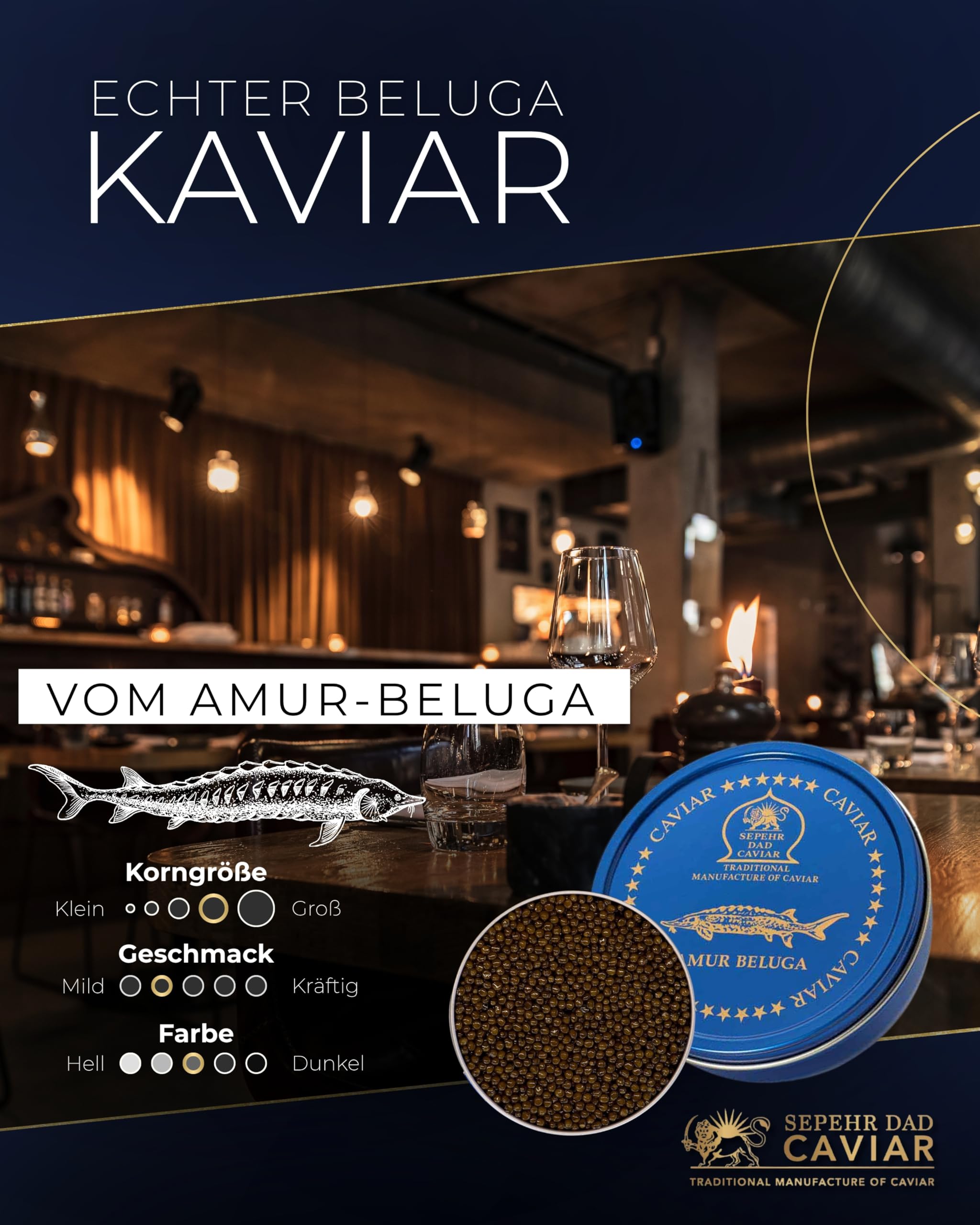 SEPEHR DAD CAVIAR Amur Beluga Kaviar 250 g I besonders großes Korn 2,9–3,3 mm I Beluga-Caviar aus nachhaltiger Aquakultur I mild & cremig-sahnig I exklusiver Stör Kaviar aus Amur-Beluga Störrogen