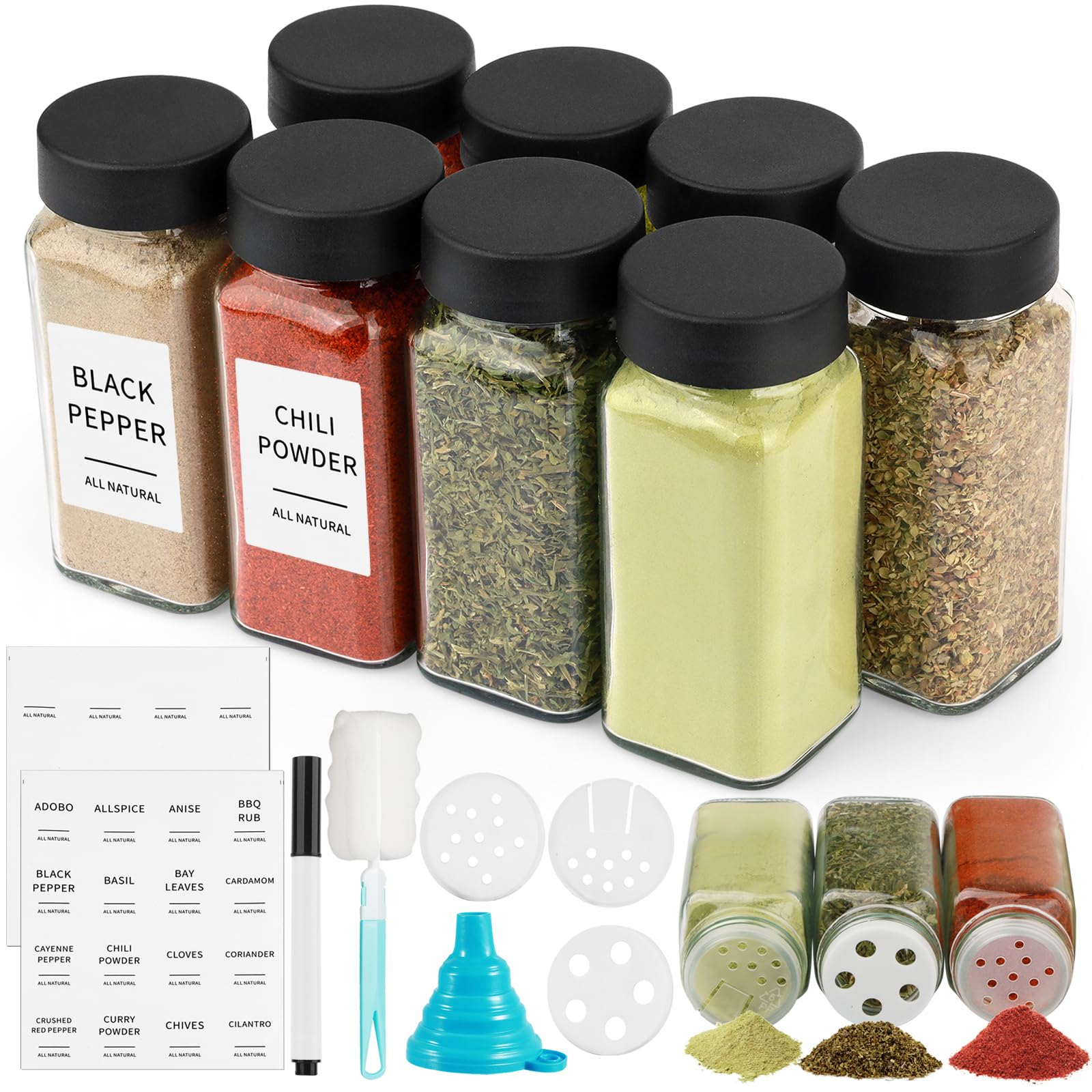 Ferenando 8 Pcs 120ml Glass Spice Jars with Lids and Labels, 16 Shaker Lids, Seasoning Jars, Spice Storage Jars with Funnel, Brush‌, Pen, for Kitchen Spices Containers and Shaker