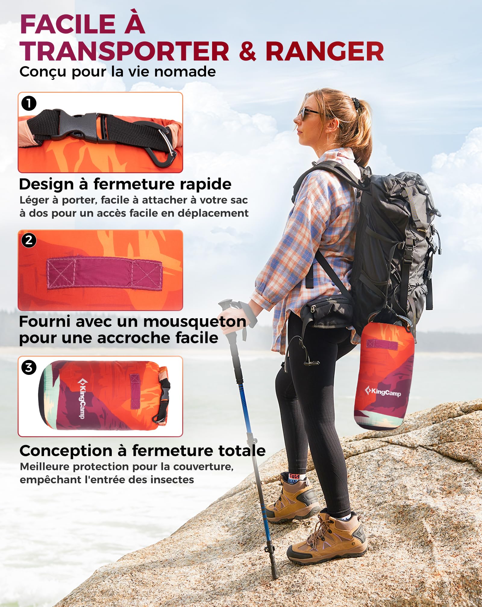 KingCamp Couverture de Camping Imperméable et Légère,Pliable,Compacte,Couverture Thermique,Couverture de Voyage,pour Plage, Randonnée,Voiture,Extérieur et Intérieur,200 x 145 cm,Montagne Orange