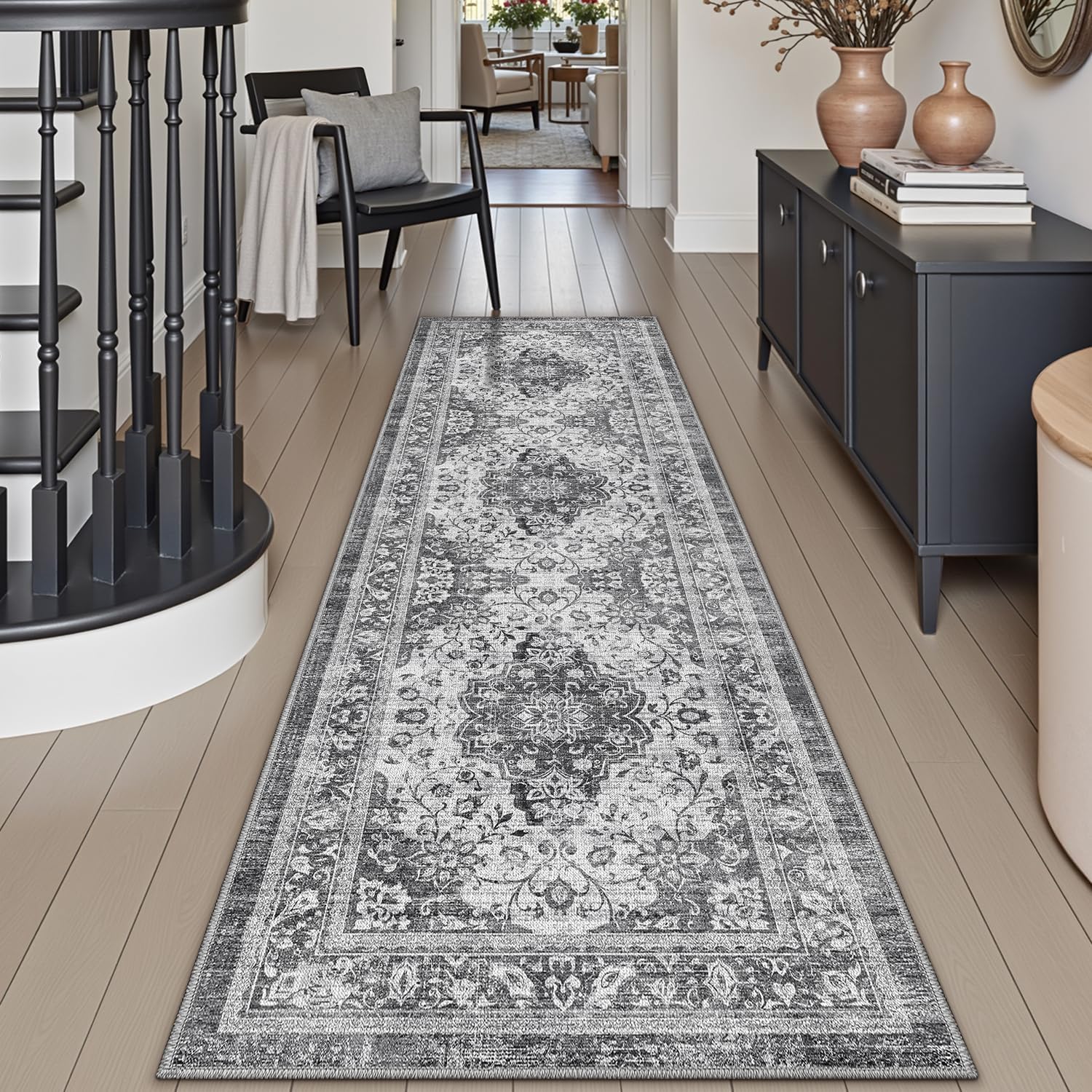 DEXI Alfombra Pasillo 60 x 180 cm, Alfombras Cocina Lavable Antideslizante, Tapete Vintage de Pelo Corto y Suave para Entrada, Lavandería o Comedor, Gris