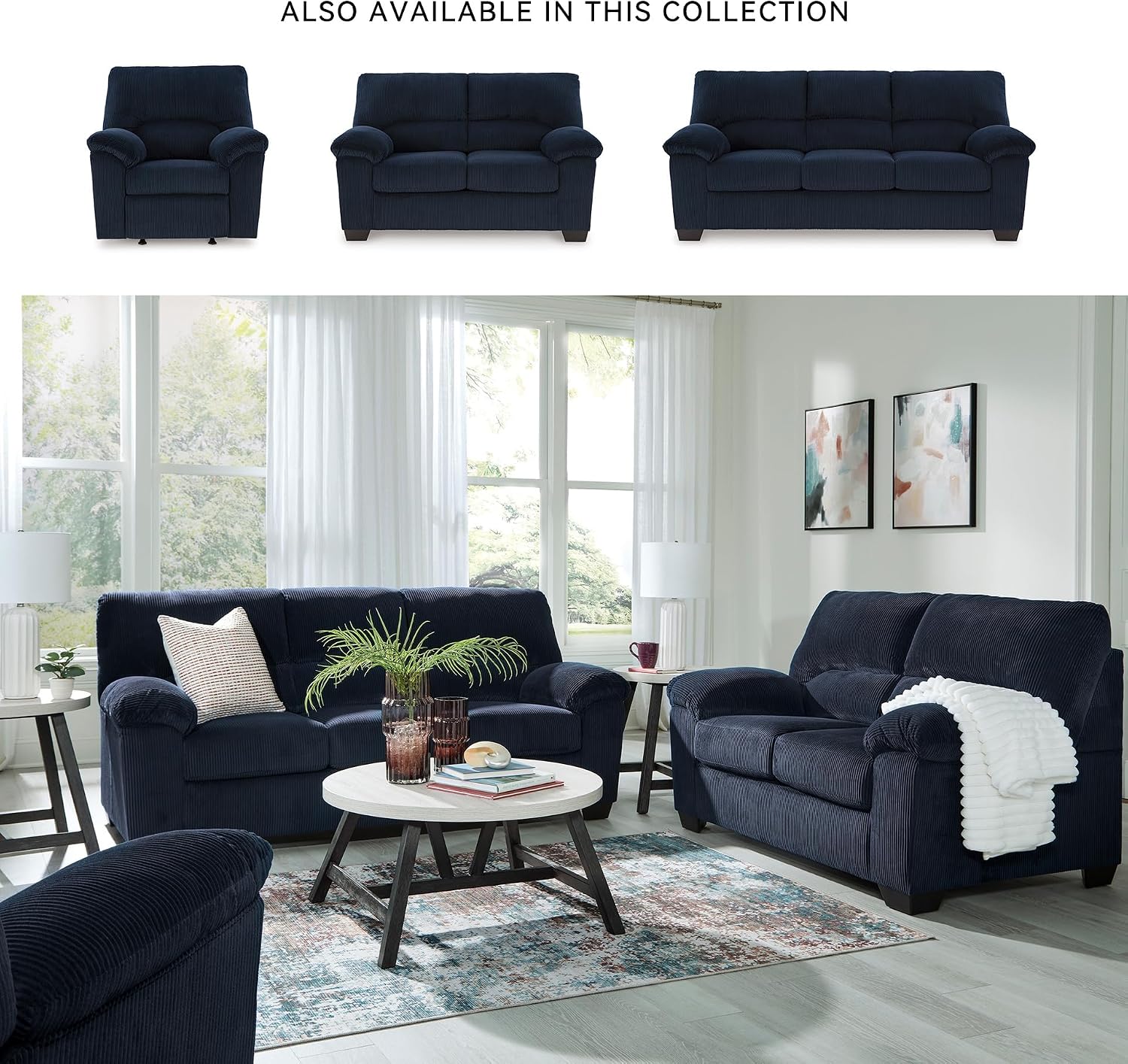 Pemberly Row Contemporary Upholstered Sofa, Navy Polyester Fabric, Solid and Engineered Wood Frame, High-Resiliency Cushions, 83" W x 38" D x 40" H, Casual Living Room Seating for 3