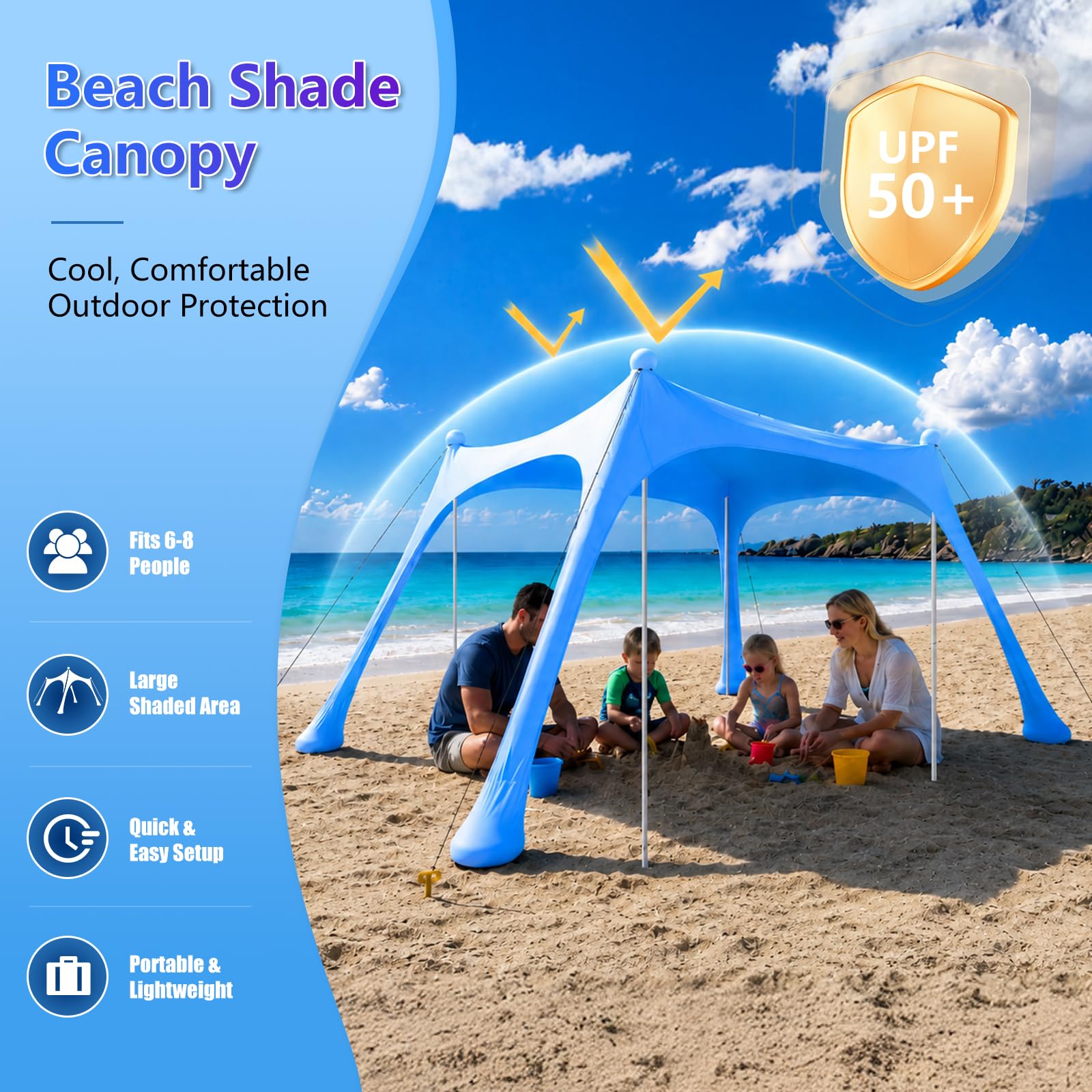 Tienda de Playa portátil Familiar, protección UV, toldo para Camping y Playa, Refugio con Anclajes de Arena y Barras de Aluminio, 10x10FT, Azul Cielo