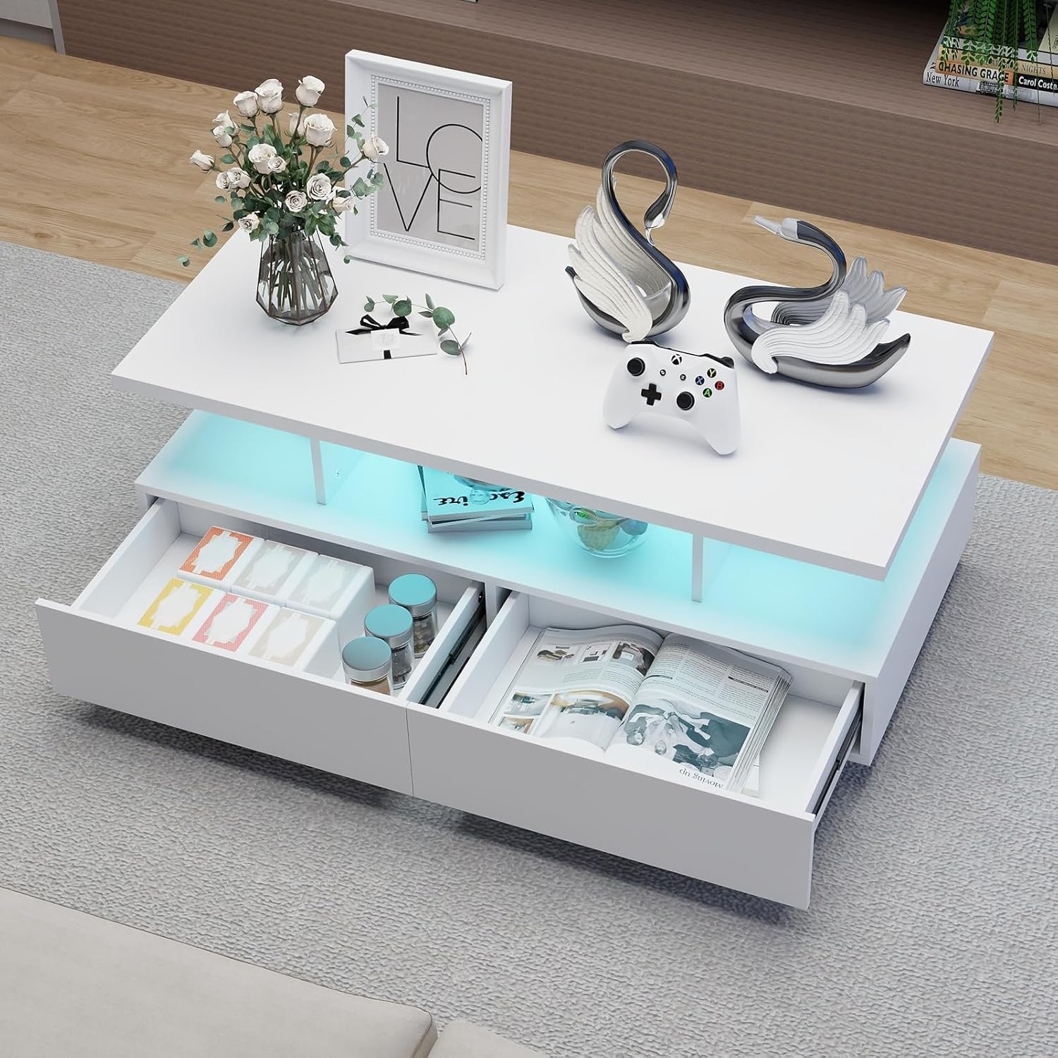 YU YUSING Tavolino Salotto Moderno con 2 Cassetti, Tavolino da Caffè con 2 Ripiani, Coffee Table, 60000 Colori di Luce Regolabili, Telecomando, Controllo tramite App, Modalità Musicali, Bianco