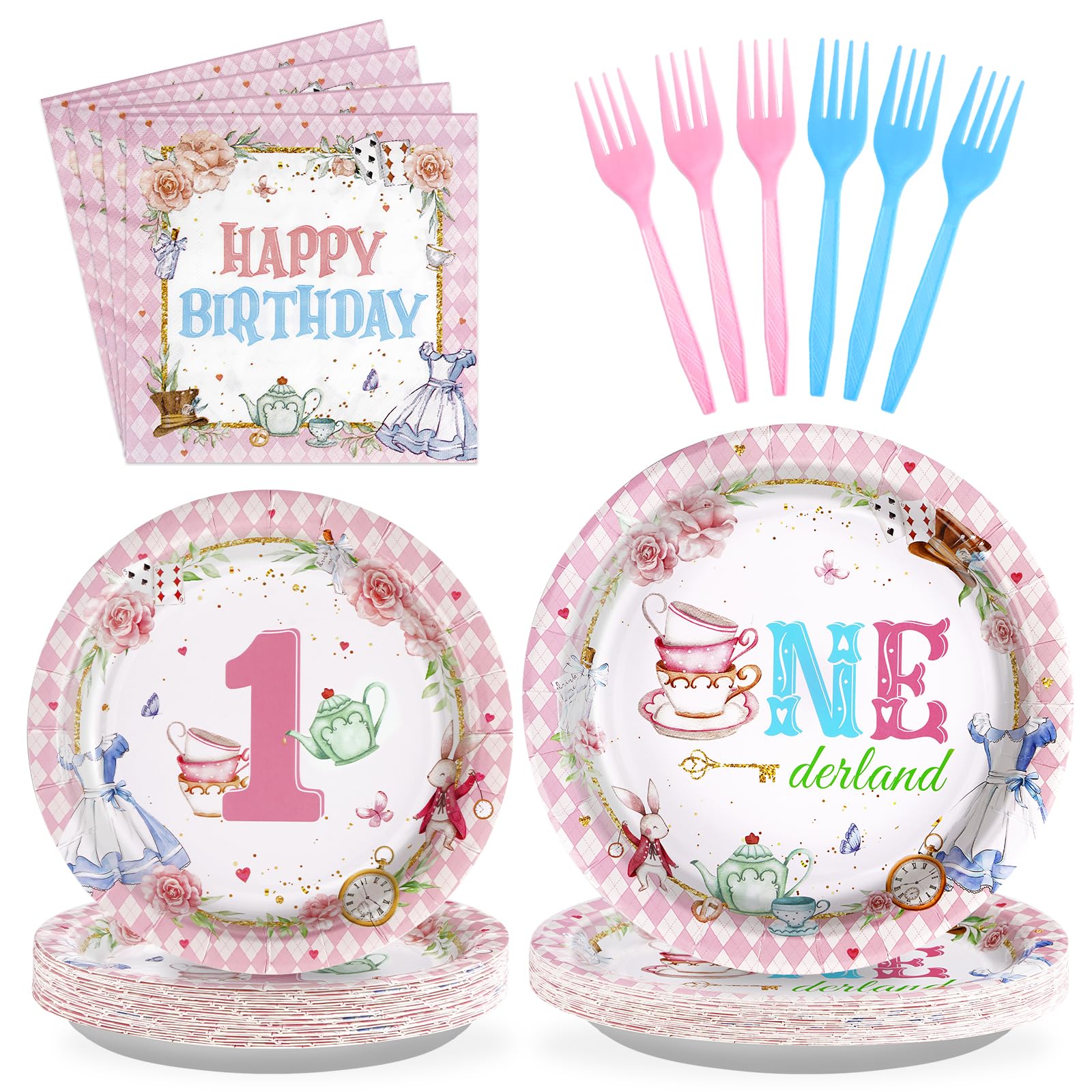Grencian 96Pcs Onderland First Birthday Party Supplies Onederland 1st Birthday Plates Napkins Forks Disposable Tableware Set for Girls One Year Old birthday Decorations Tea Party Baby Shower Serve 24