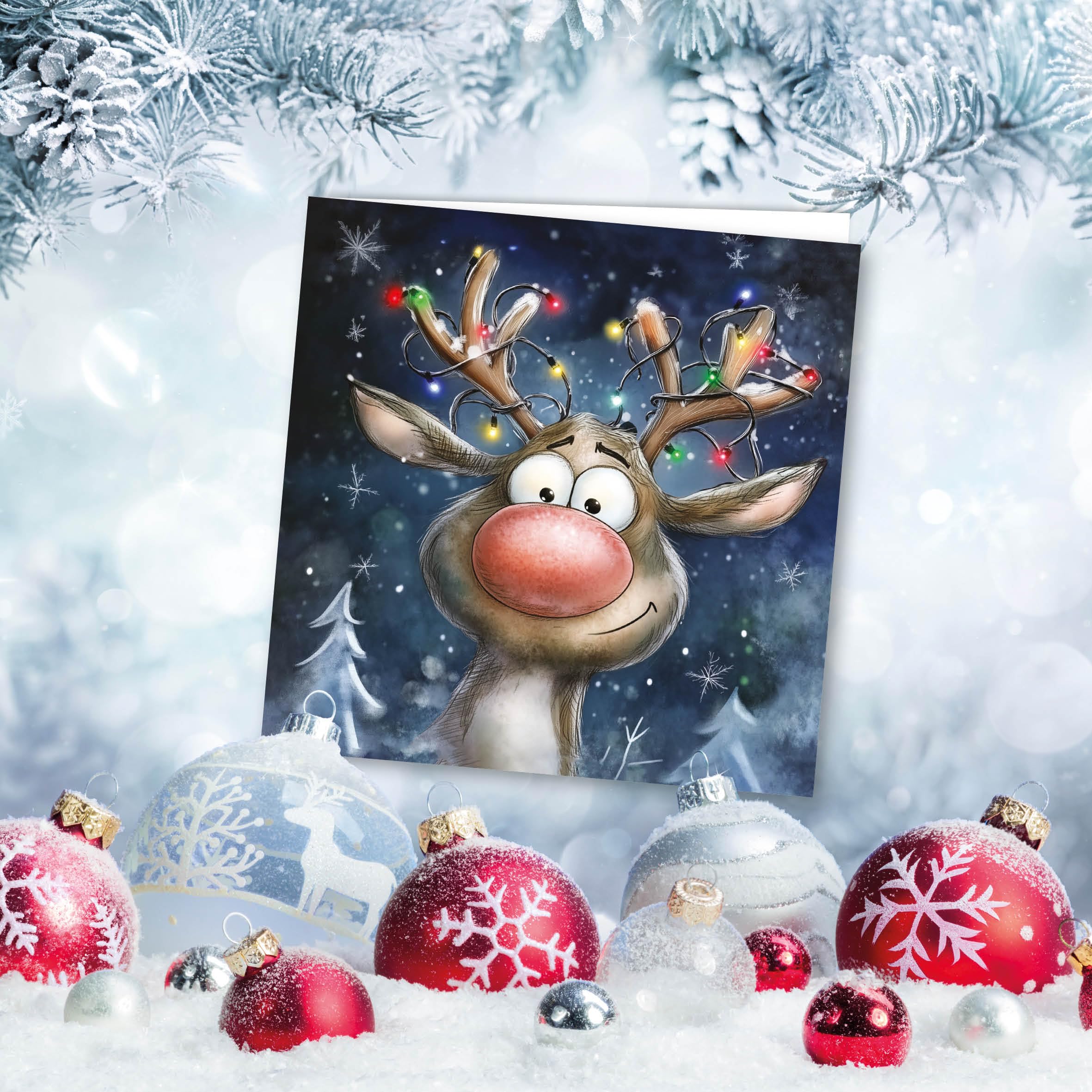 Charity Christmas Cards Pack of 32. Each Christmas Card multipack has 4 different Funky Reindeer designs. Ecofriendly and UK made. Verse Inside. Small 100 x 100mm card size - Image 3