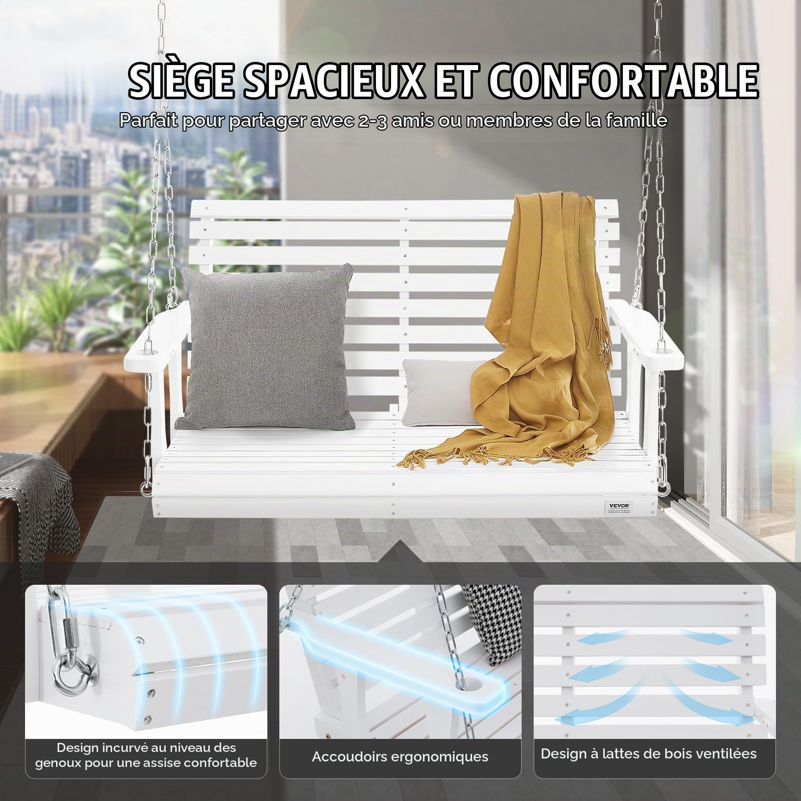 VEVOR Balançoire de Porche en Bois, 1240x710x600 mm, Banc de terrasse pour Cour et Jardin, Forte capacité de Charge 400 kg, Banc de balançoire Robuste avec chaîne de Suspension pour extérieur, Blanc