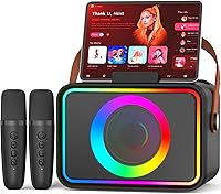 Ultramic K26 Portable Karaoke Machine Bluetooth Speaker with 2 Wireless Mics, LED Disco Lights, USB/TF/AUX for Adults Kids Party (Black)