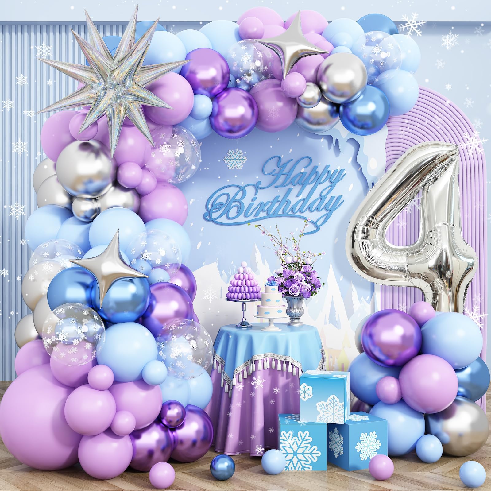 Snow 4th Birthday Decorations Girl, Snowflake Balloon Garland Arch Kit, Laser Explosion Star Balloons, Silver Number 4 Balloon Tower for Baby Shower