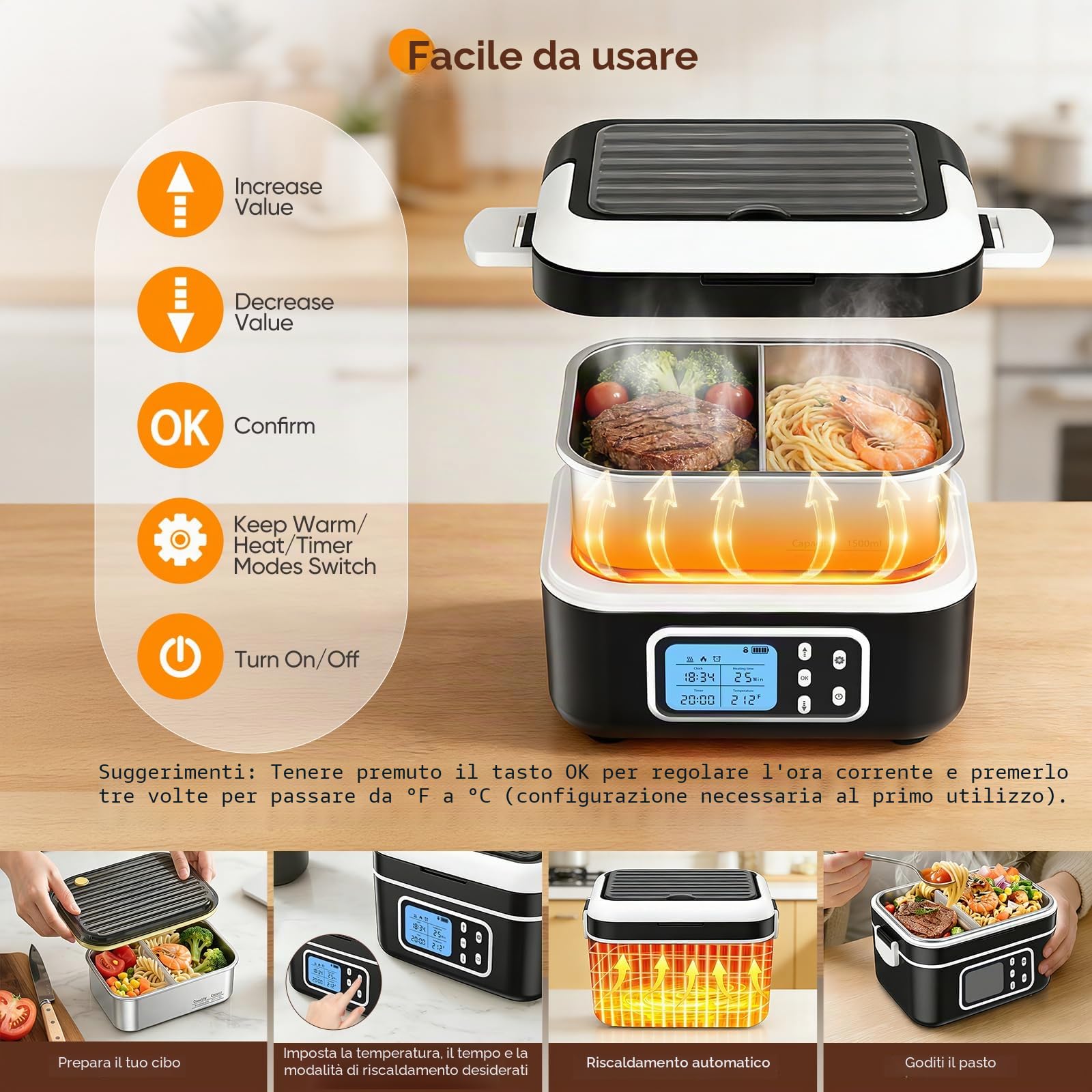 Pranzo Box Riscaldante, 1,5L Porta Pranzo Riscaldabile con Display LCD e Timer, Scalda Vivande Portatile Elettrico con Stoviglie in Acciaio Inossidabile e Borsa Termica per Auto Ufficio