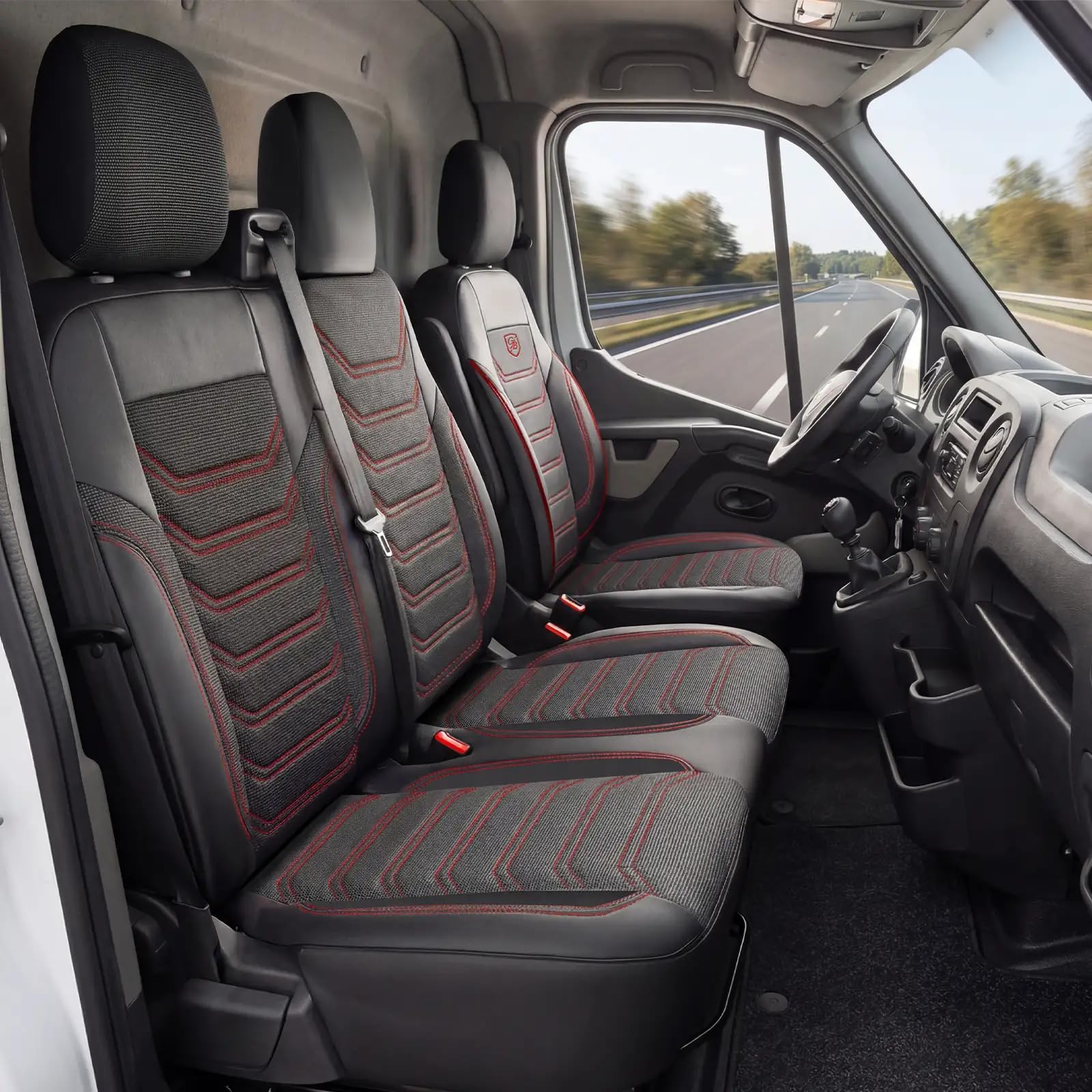Housses de siège Auto 2+1 pour Renault Master (2011-2023) Opel Movano (2011-2021) Nissan NV400 (2011-2021) Tissu piqué, Noir-Rouge, Set de sièges Avant, siège Passager Droit fractionné