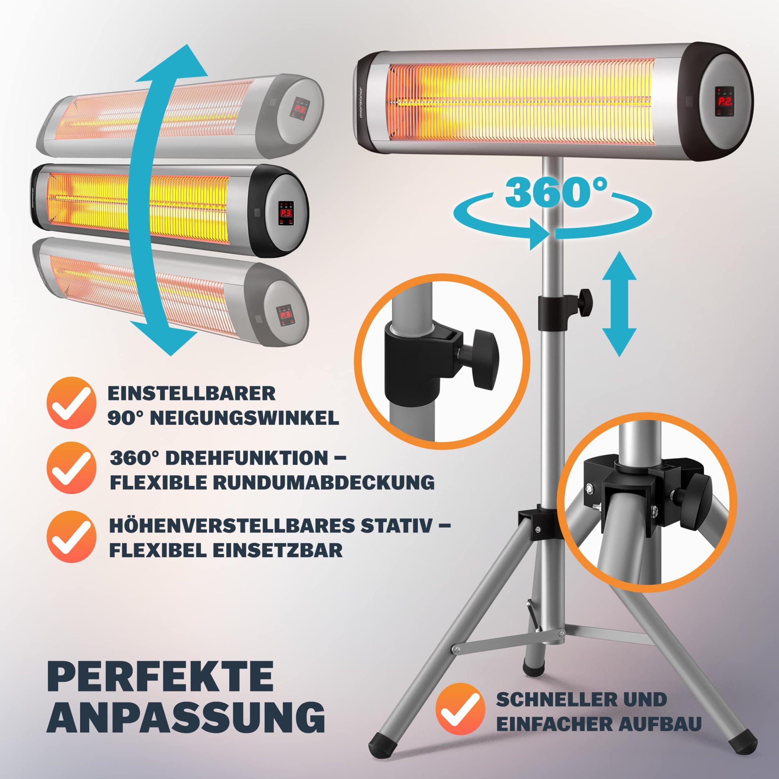 MONZANA® Infrarot Heizstrahler MZH2500 Stativ 110-175cm 2500W 3 Stufen 24h Timer Fernbedienung Wärmestrahler Standheizer Teleskopständer Silber