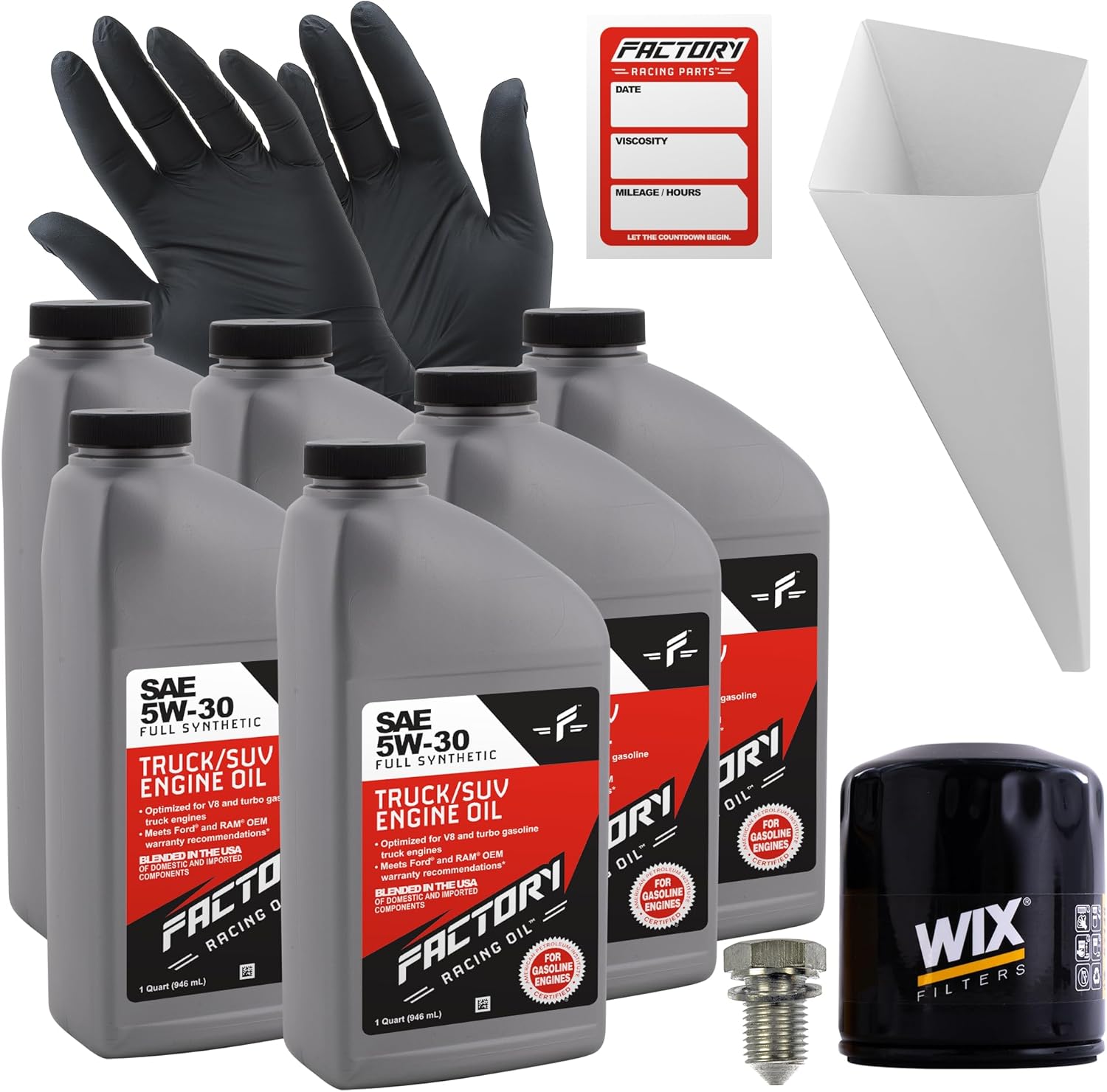 Factory Racing Parts Oil Change Kit Compatible with Chrysler PT-Cruiser 2.4L L4 2002-2010 5W-30 Full Synthetic Oil - 6 Quarts