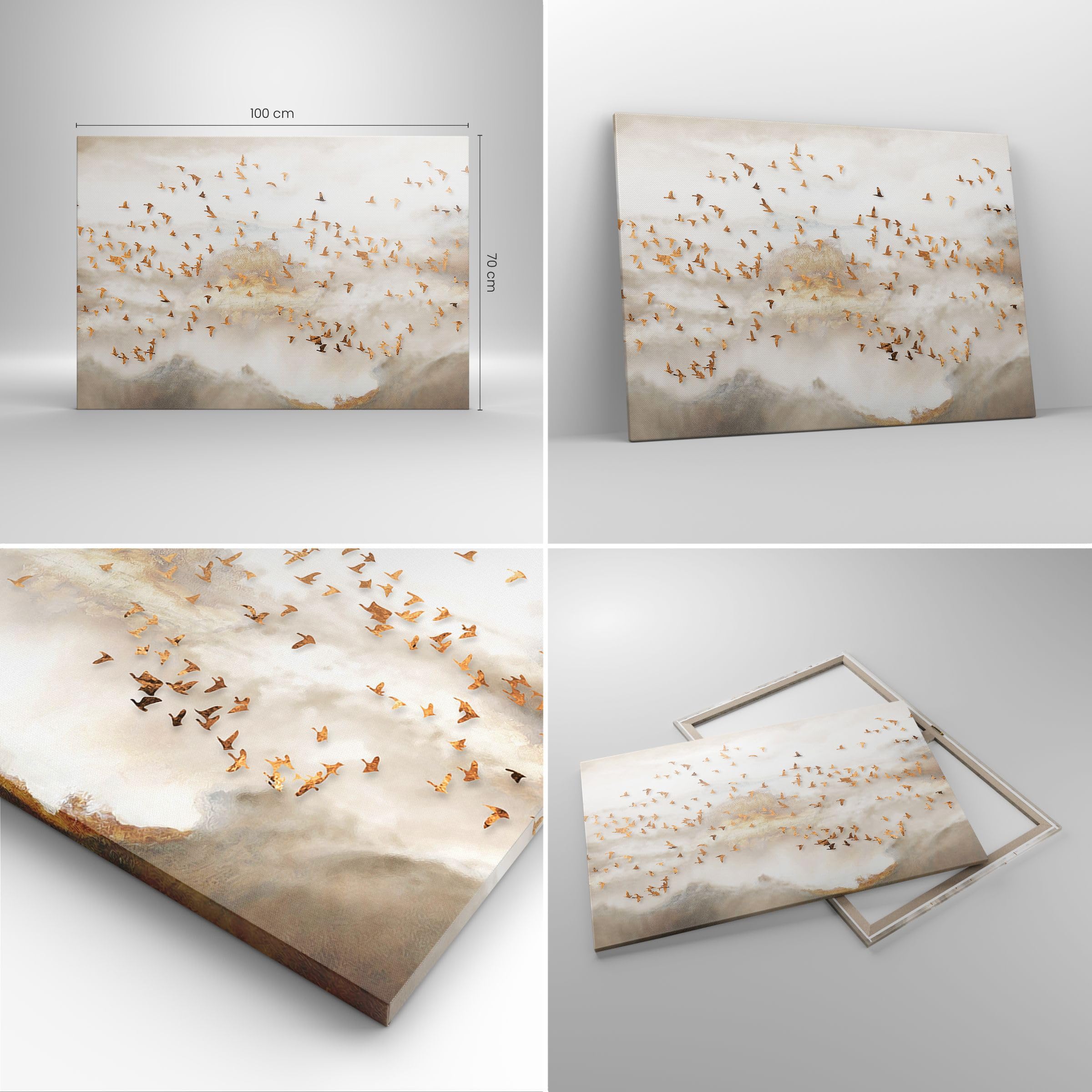 Moderne Impression sur Toile 100x70cm Image Tableau Decoration Murale Des Oiseaux Or Minimalisme Grand Tableaux Decoratifs Muraux Chambre Horizontal Deco Cadre Décoration Salon Art Wall AA100x70-5679