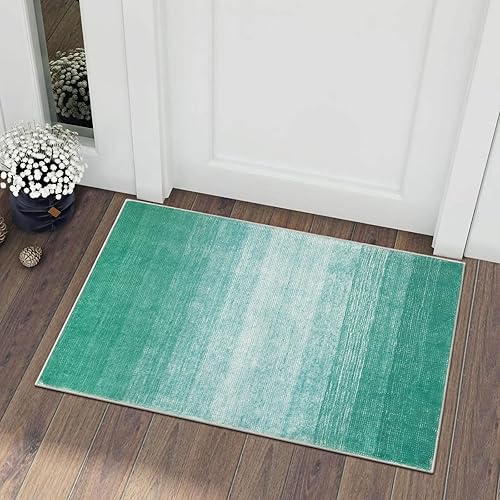 Wonnitar Modern Ombre Small 2x3 Rug, Washable Green Kitchen Sink Rugs, Non-Slip Abstract Soft Bathroom Throw Mat, Non-Shedding Gradient Indoor Accent Carpet for Bedside Bath Bedroom (Teal,2'x3')