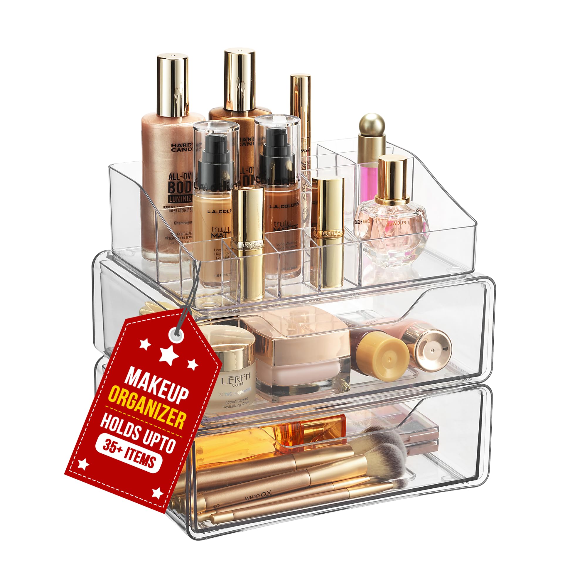 Clear Makeup Organizer - Acrylic Cosmetic Vanity Storage Organizers for Girls Dresser, Bathroom, Desk Counter. Plastic Make Up Holder, Jewelry Box. (2-Drawer | Multi Compartments)