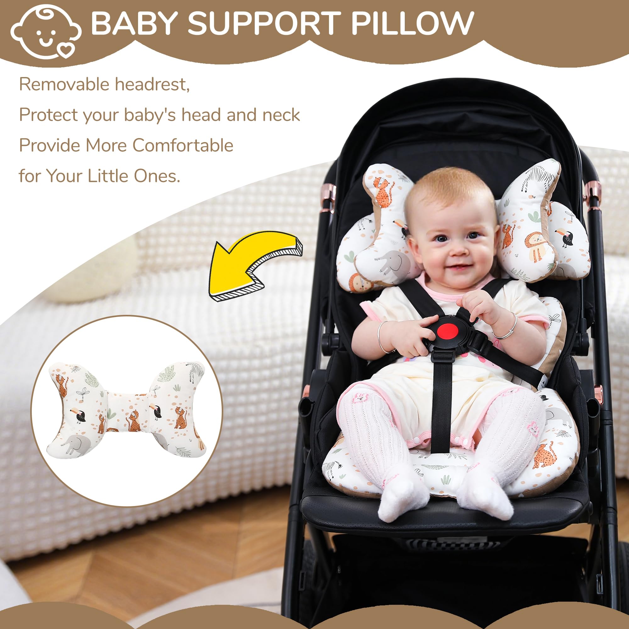 LAT Coussin Poussette Universelle, Réversible Coussin de Siège pour Poussette, Respirant Matelas Poussette Universelle, Reducteur Siege Auto Bebe Universel avec Appuie-tête Amovible (Animaux)
