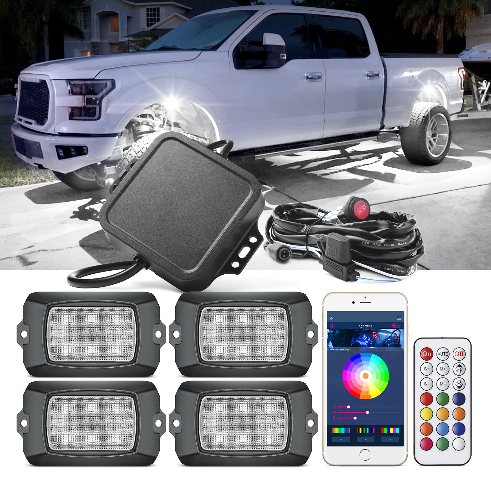 MNJ Motor RGBW LED Rock Lights 4 Pods Pure White Rock Lights for Jeep Trucks Neon Accent Light Kits Multicolor Underglow Light Bluetooth APP/Remote Control, Music Sync Mode, IP68 Waterproof