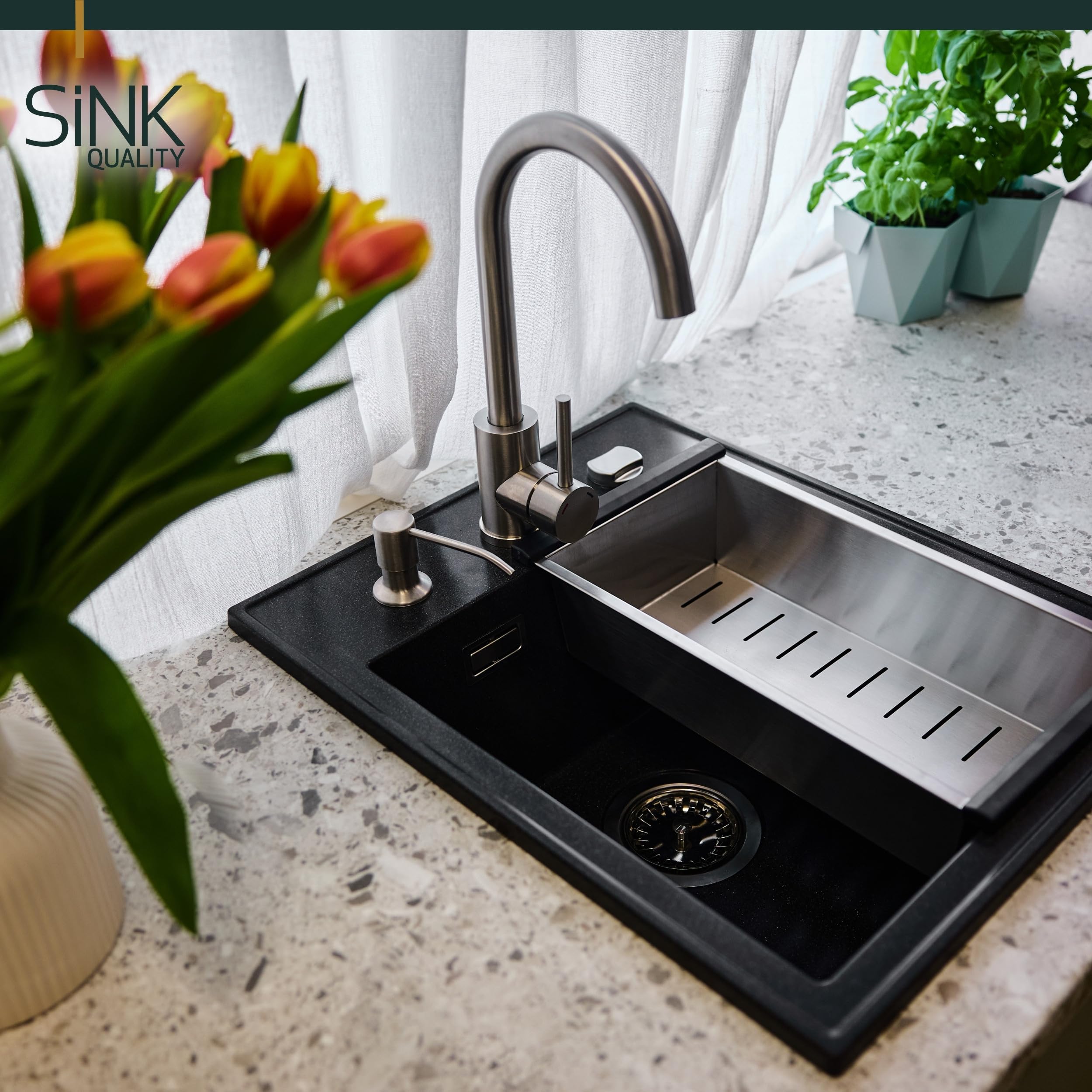 SINK QUALITY Zlewozmywak z granitu, czarny, nakrapiany, 40 x 50 cm, syfon i impregnacja, bez ociekacza, mały zlew kuchenny, do dolnych szafek od 40 cm szerokości