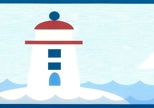 Dundee Deco BD6236 - Borde de papel pintado prepegado, azul náutico, blanco, veleros rojos, borde de pared de faro, diseño retro, 15 pies x 6